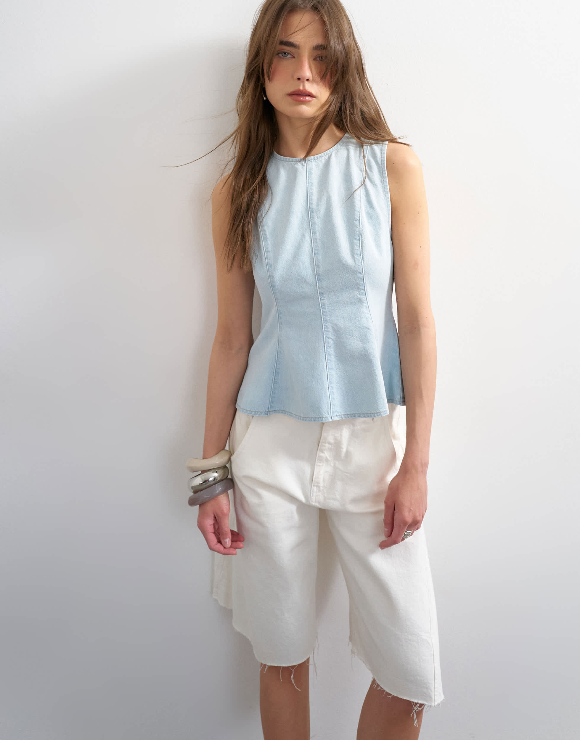 Topshop denim seamed peplum top in bleach