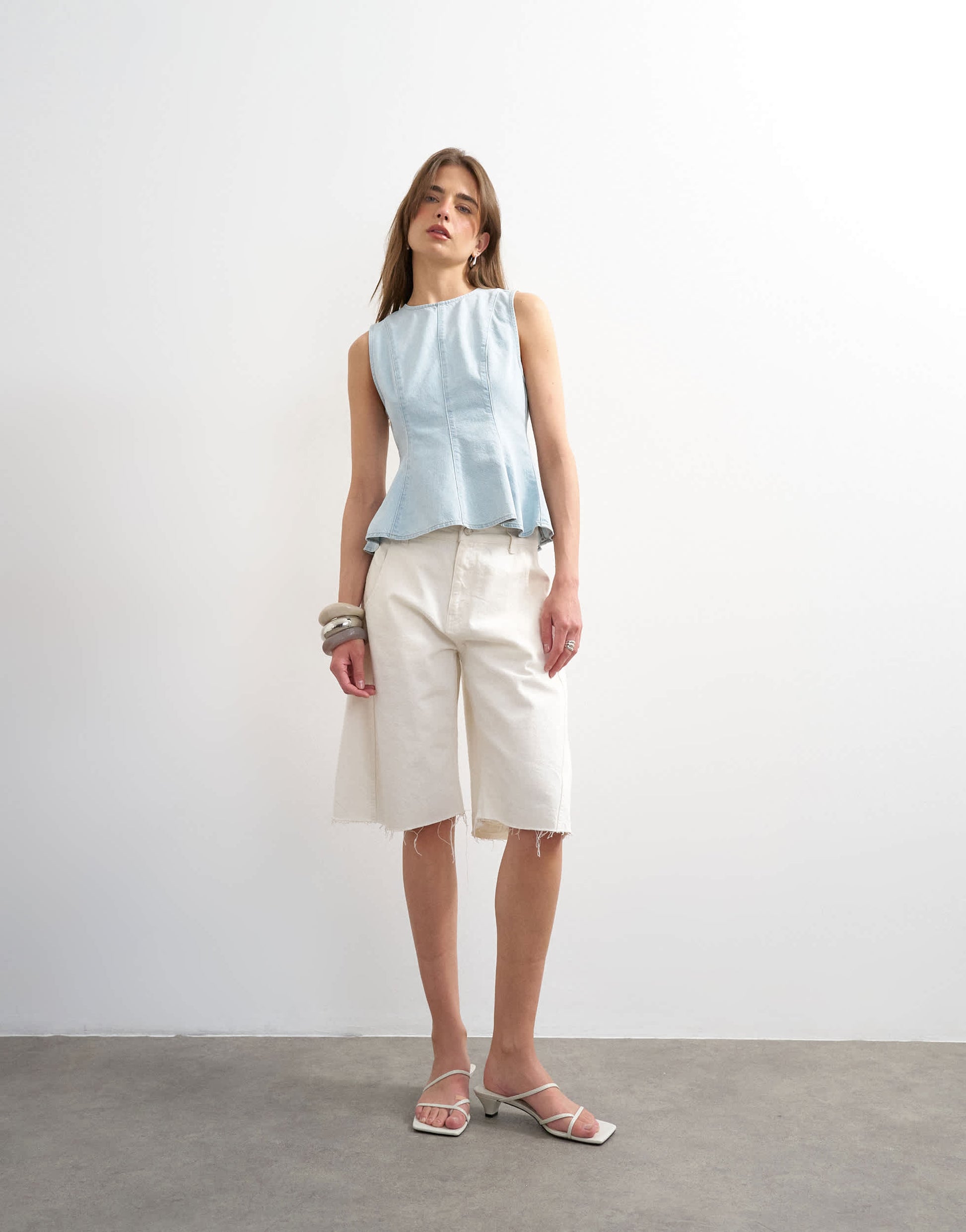 Topshop denim seamed peplum top in bleach