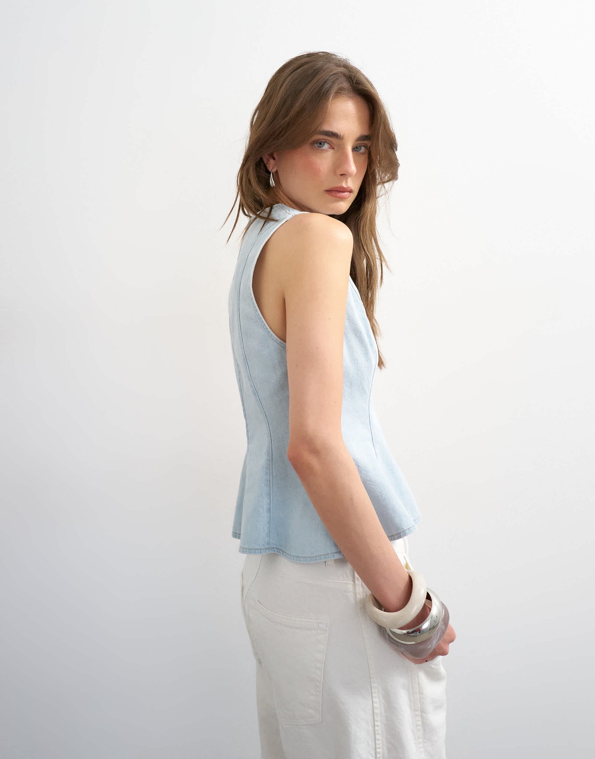 Topshop denim seamed peplum top in bleach