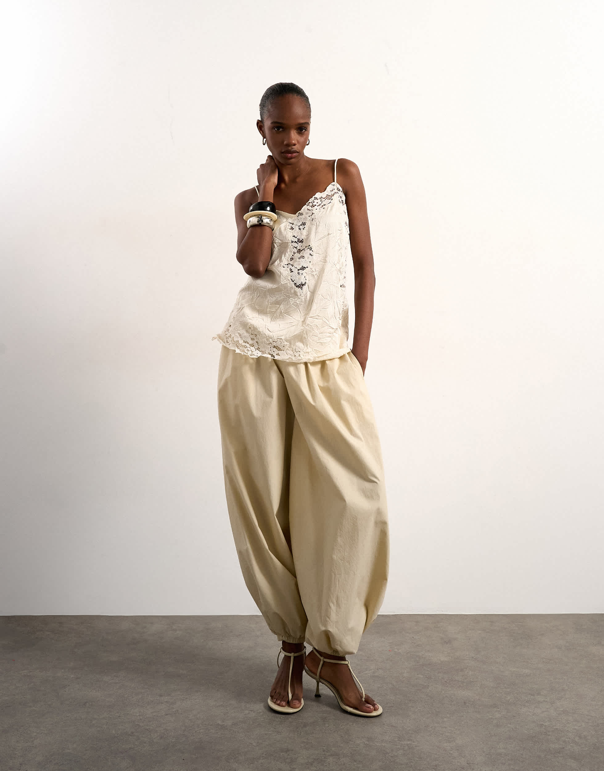 Topshop crinkle satin top with lace inserts in ivory