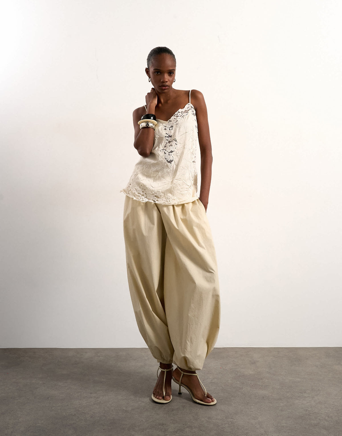 Topshop crinkle satin top with lace inserts in ivory