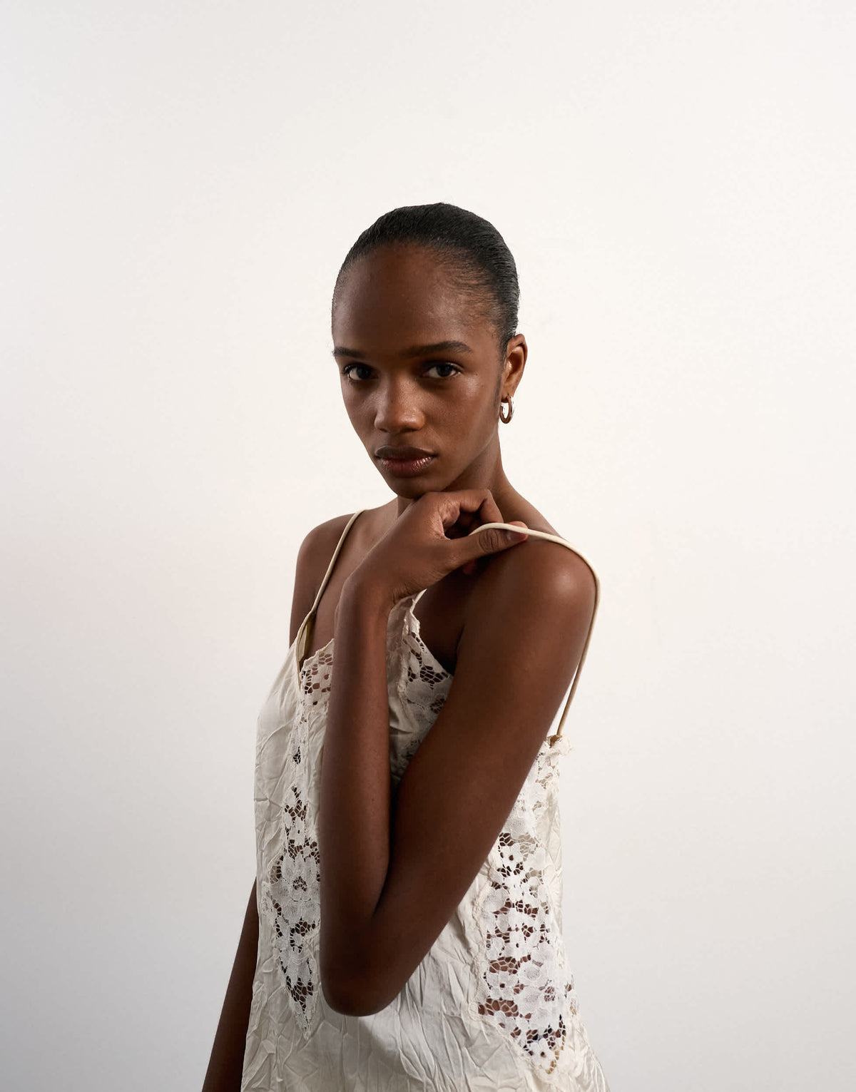 Topshop crinkle satin top with lace inserts in ivory