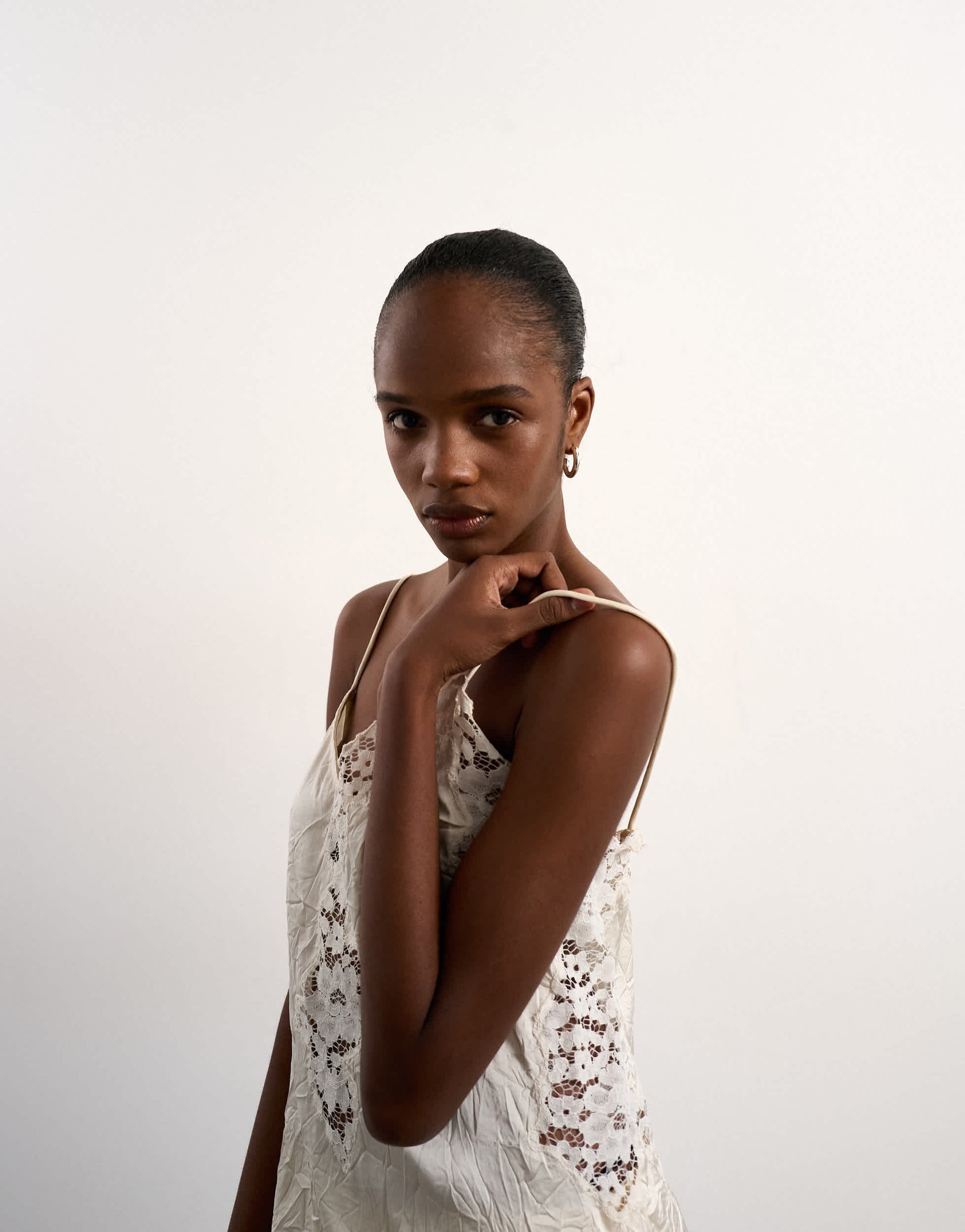 Topshop crinkle satin top with lace inserts in ivory