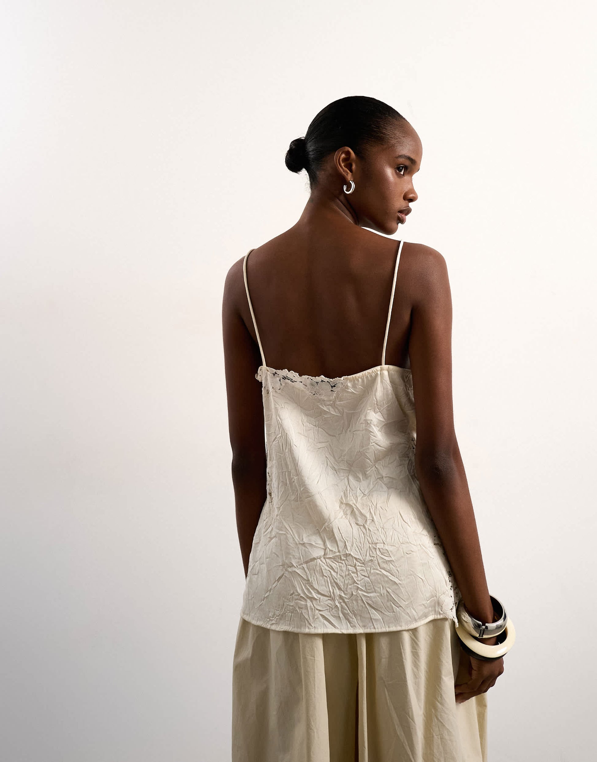 Topshop crinkle satin top with lace inserts in ivory