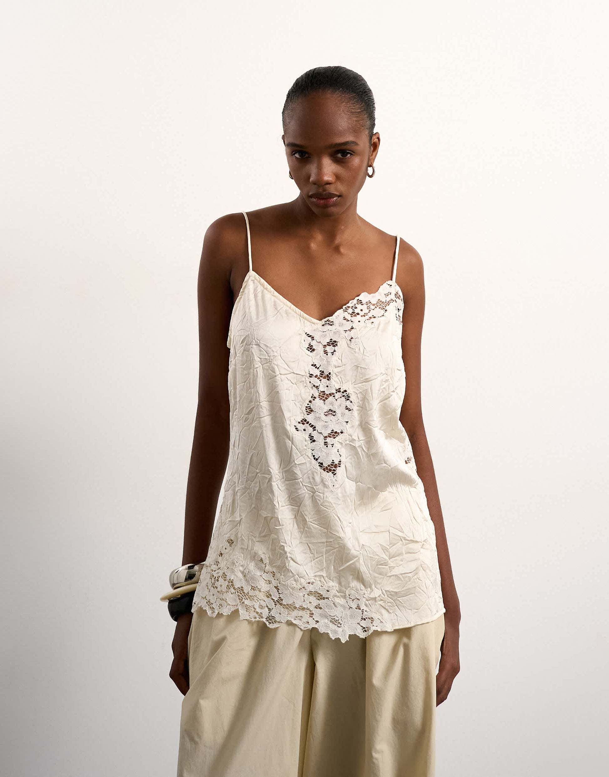 Topshop crinkle satin top with lace inserts in ivory