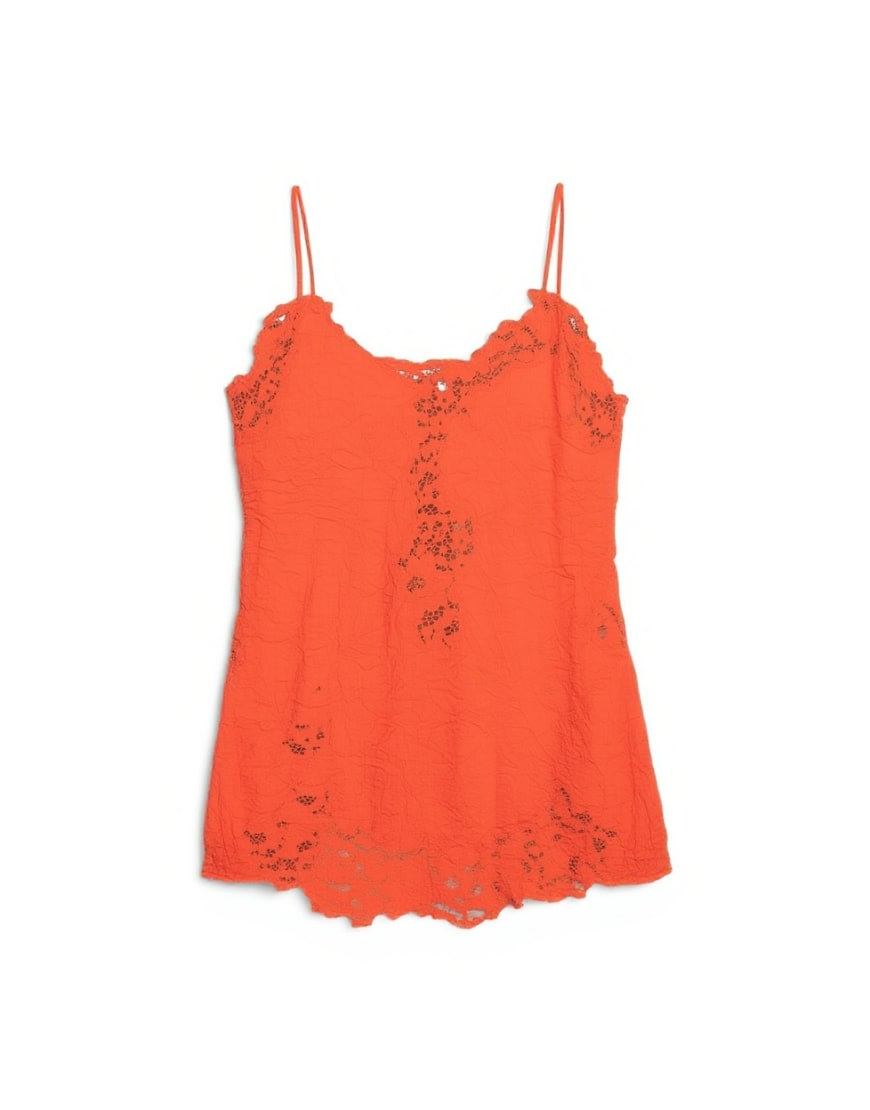 Topshop crinkle satin top with lace inserts in rust