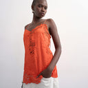 Topshop crinkle satin top with lace inserts in rust
