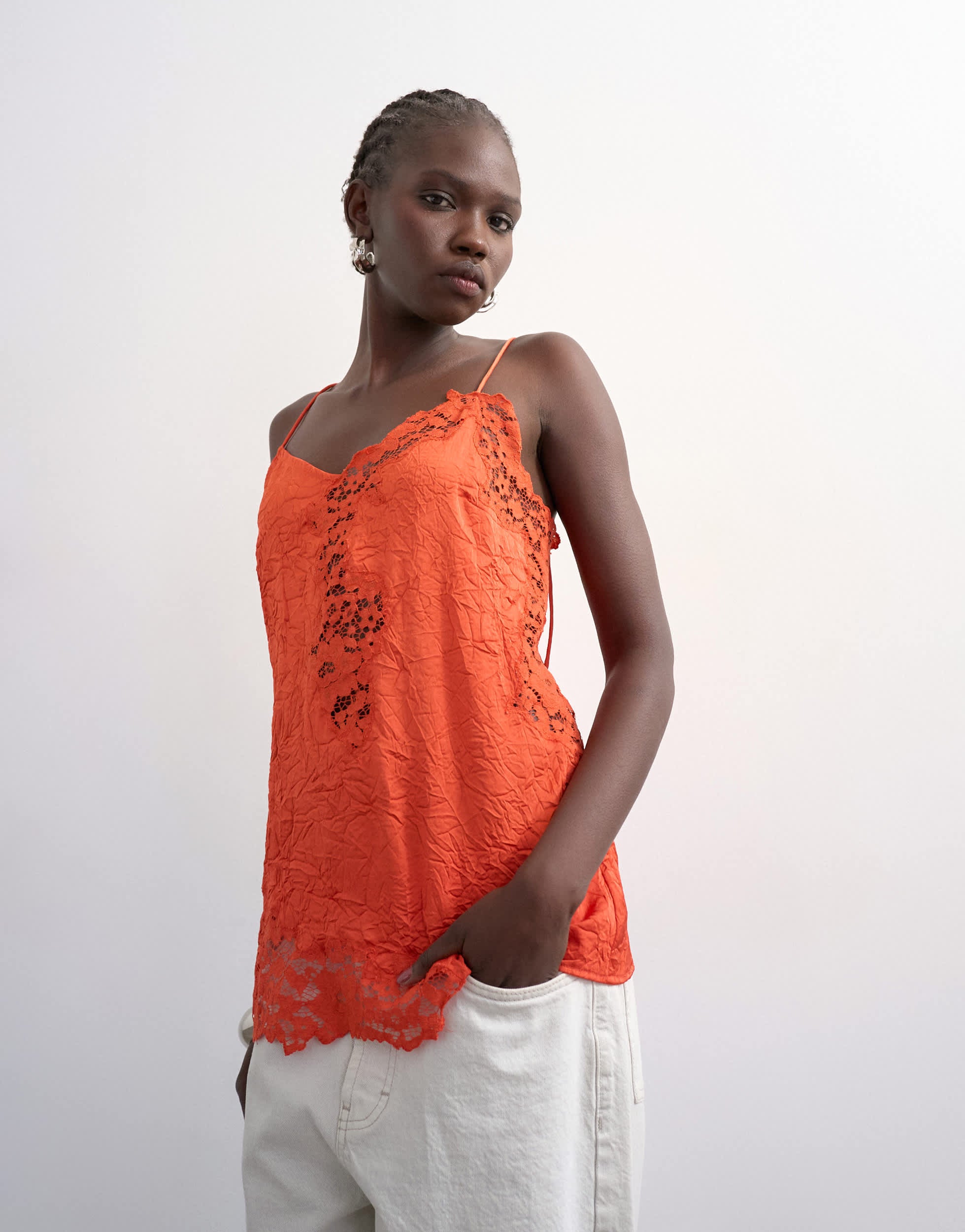 Topshop crinkle satin top with lace inserts in rust