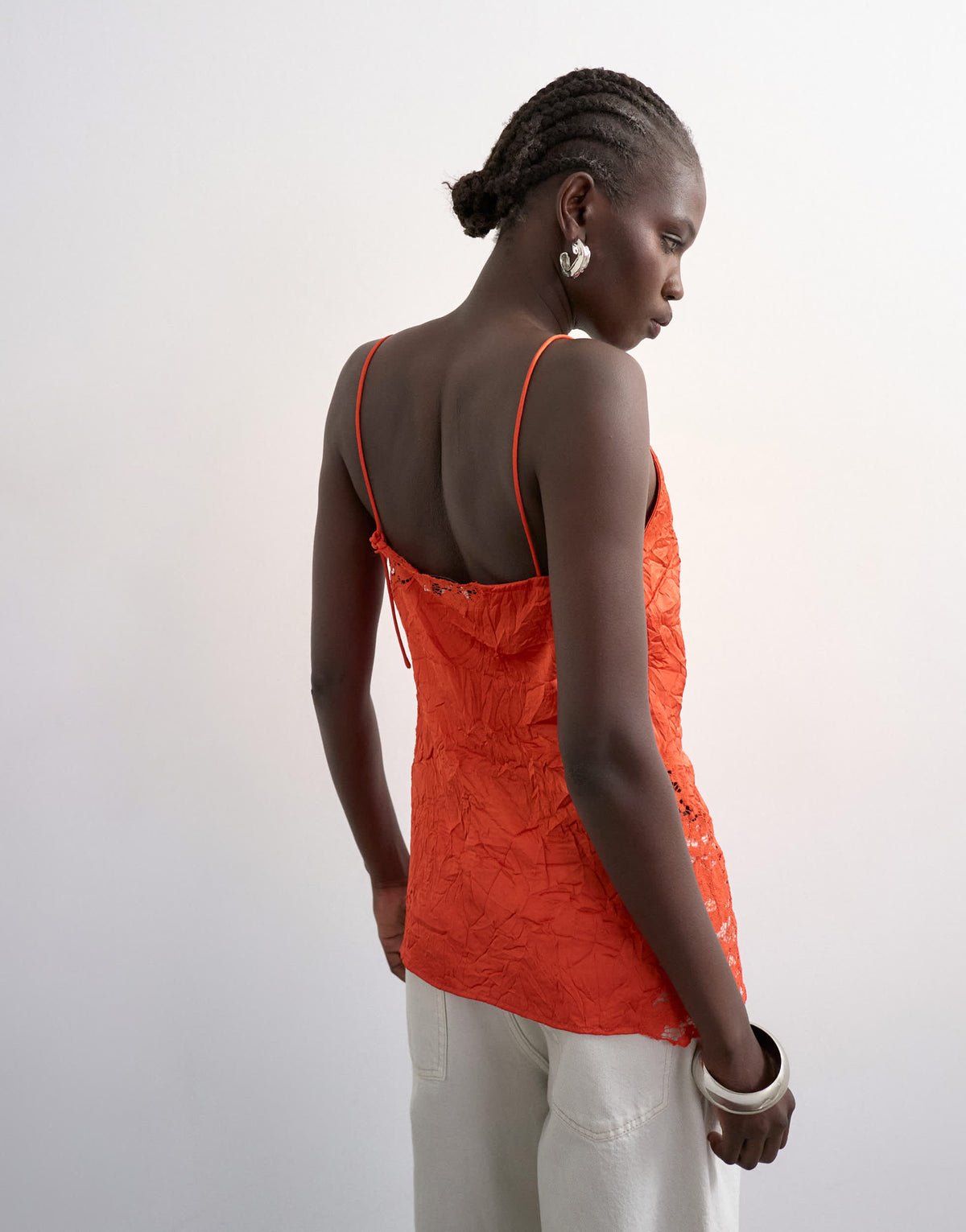 Topshop crinkle satin top with lace inserts in rust