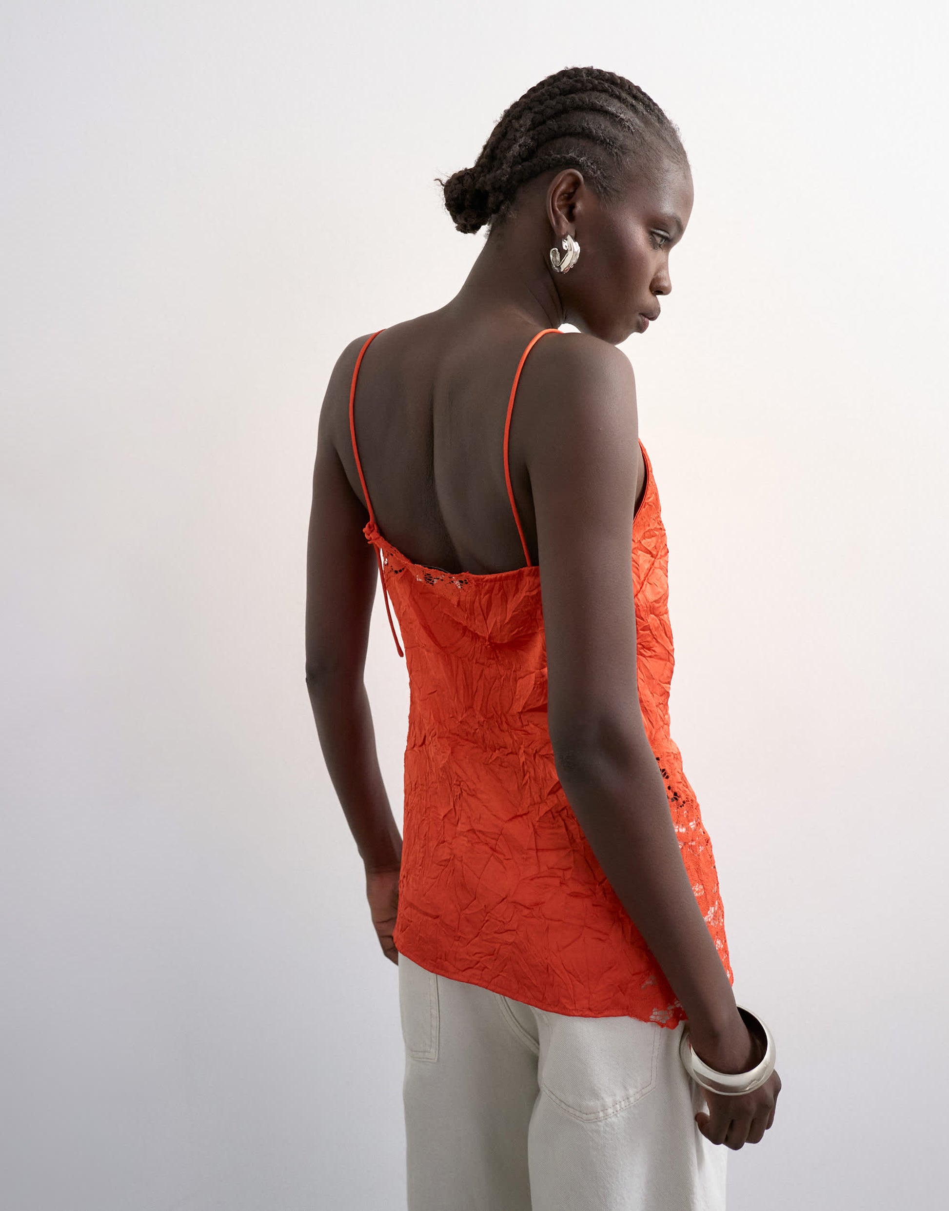 Topshop crinkle satin top with lace inserts in rust