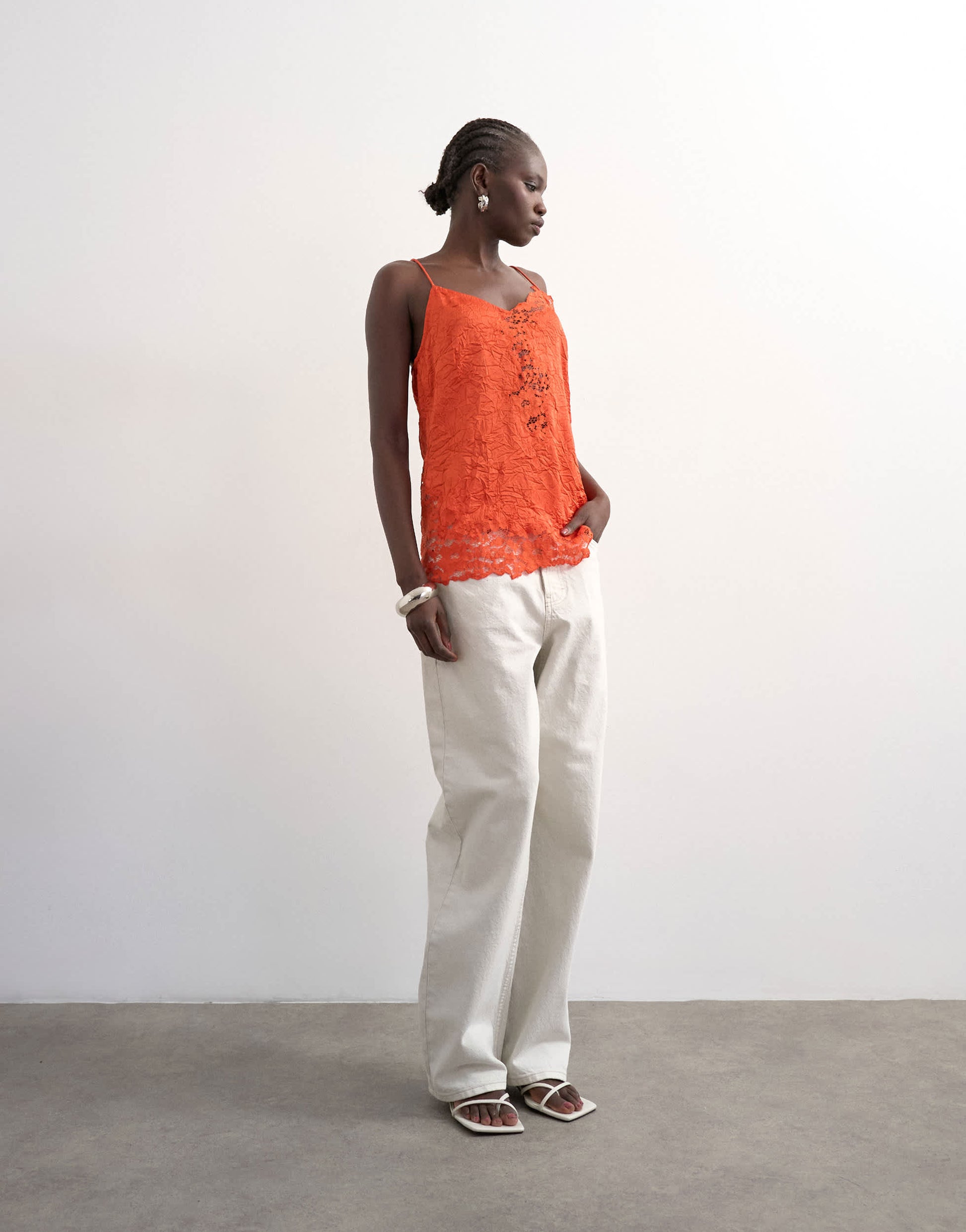 Topshop crinkle satin top with lace inserts in rust