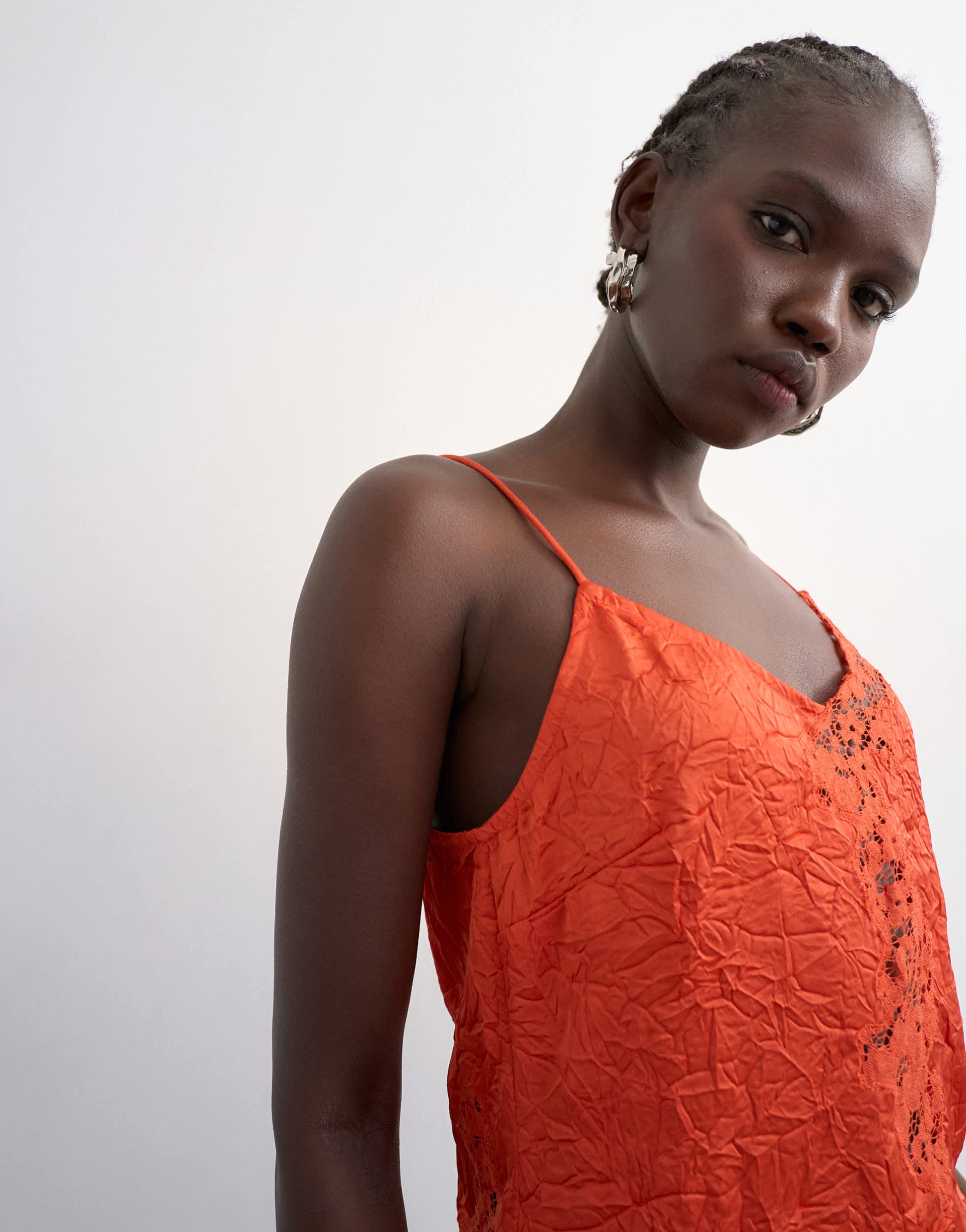 Topshop crinkle satin top with lace inserts in rust