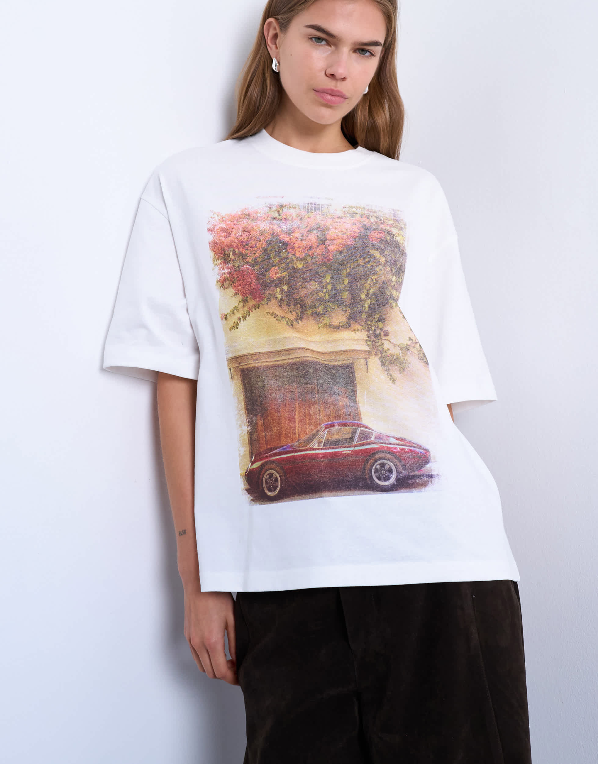 Topshop Oversize-T-Shirt mit Retro-Auto-Print in Weiß