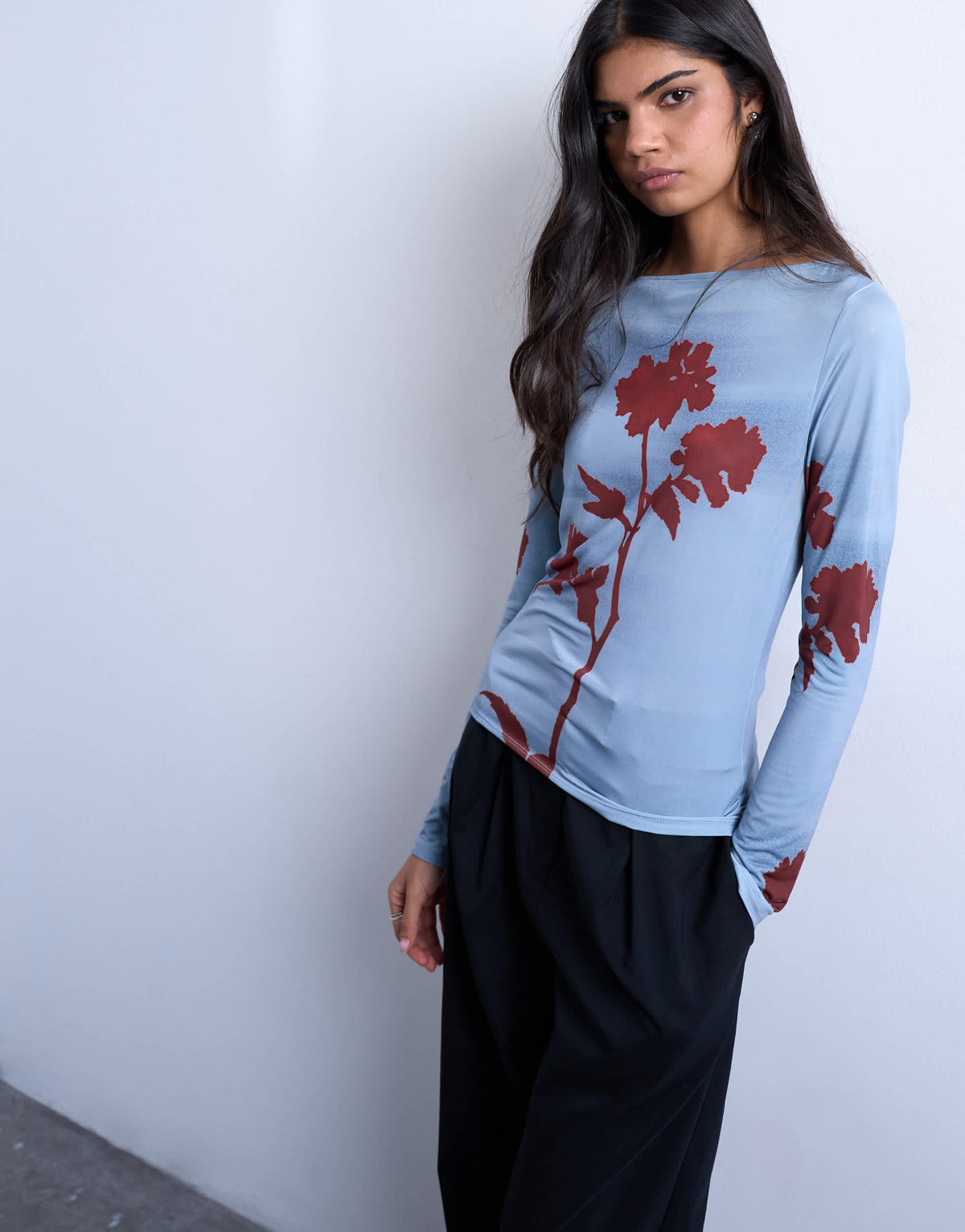 Topshop microfibre floral print long sleeve top in blue