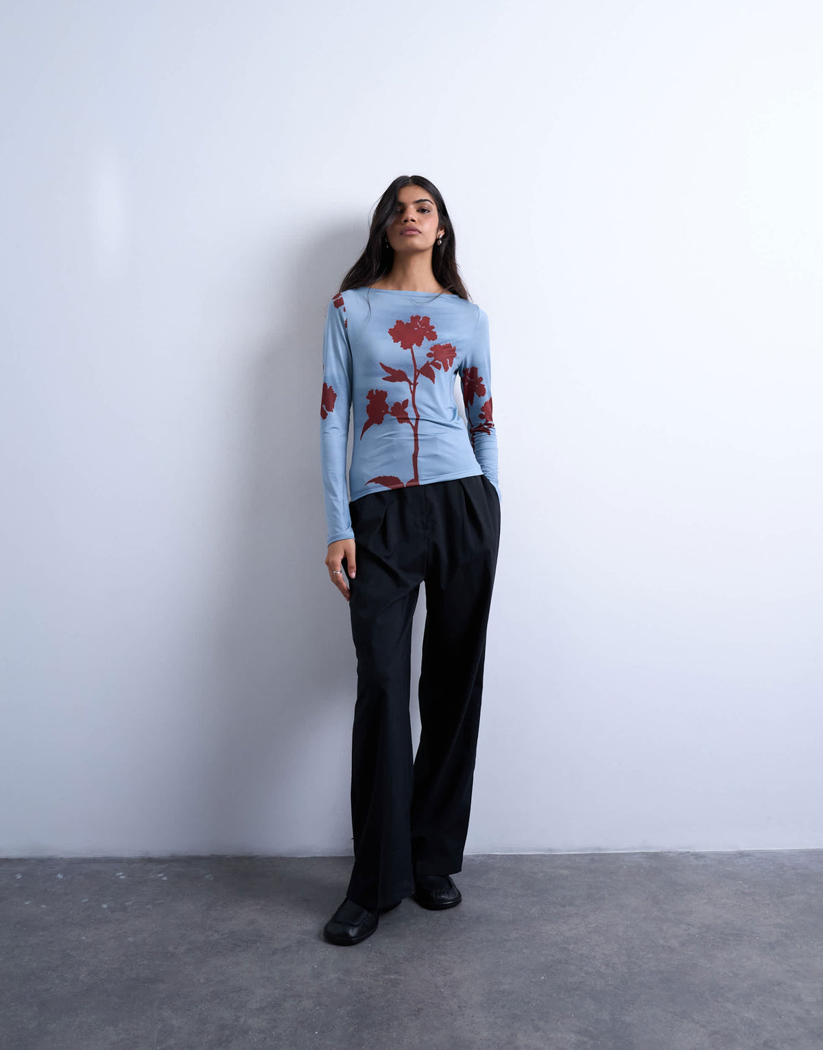 Topshop microfibre floral print long sleeve top in blue