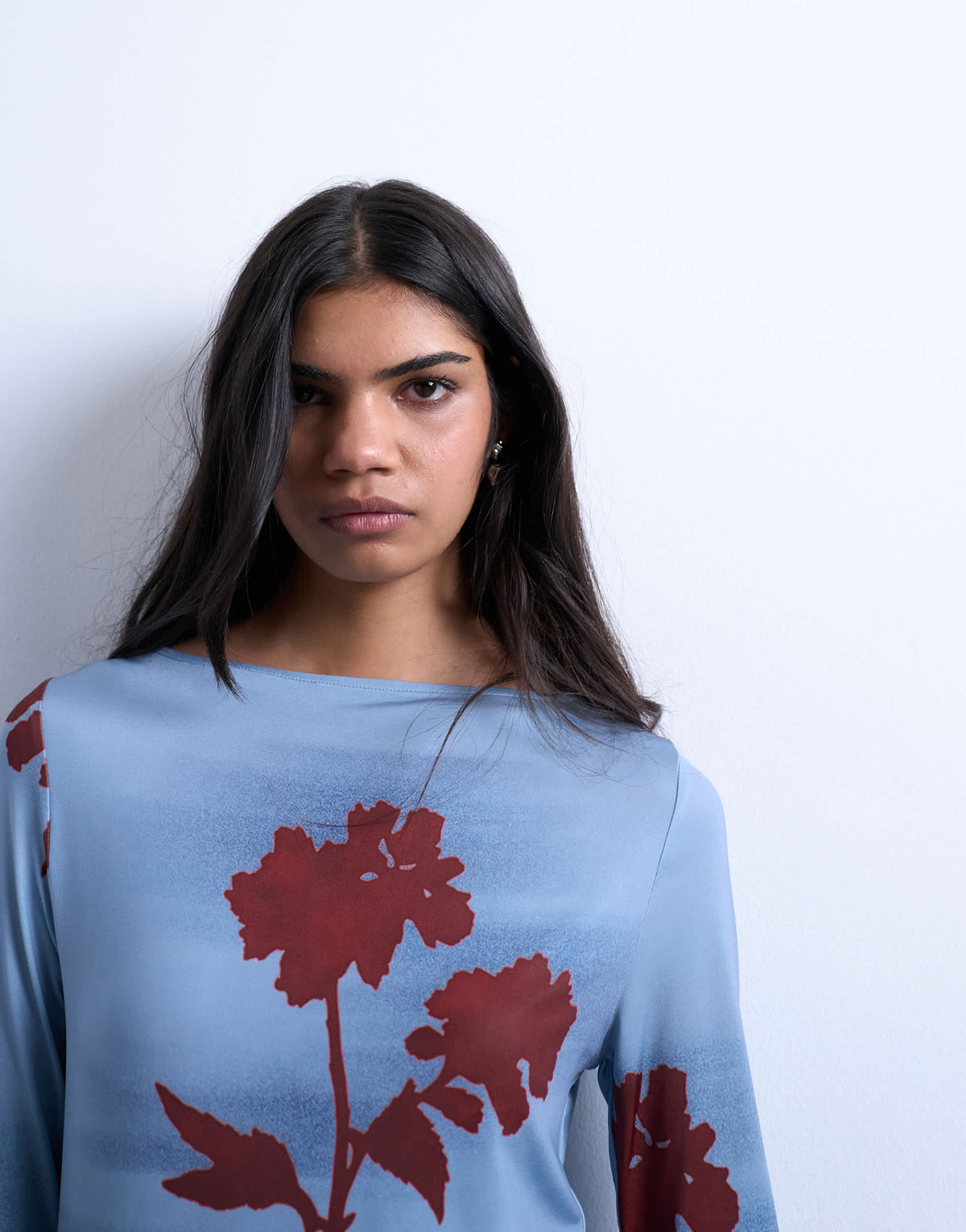 Topshop microfibre floral print long sleeve top in blue