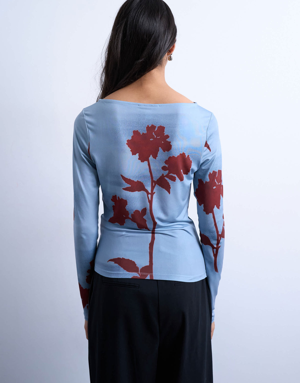 Topshop microfibre floral print long sleeve top in blue