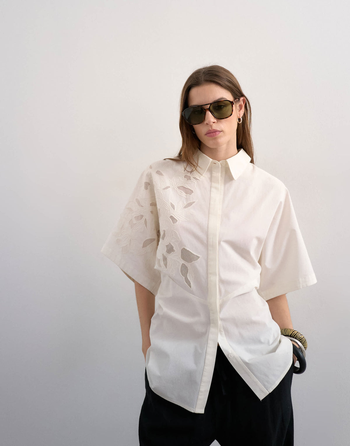 Topshop oversized cutwork short sleeve shirt in white