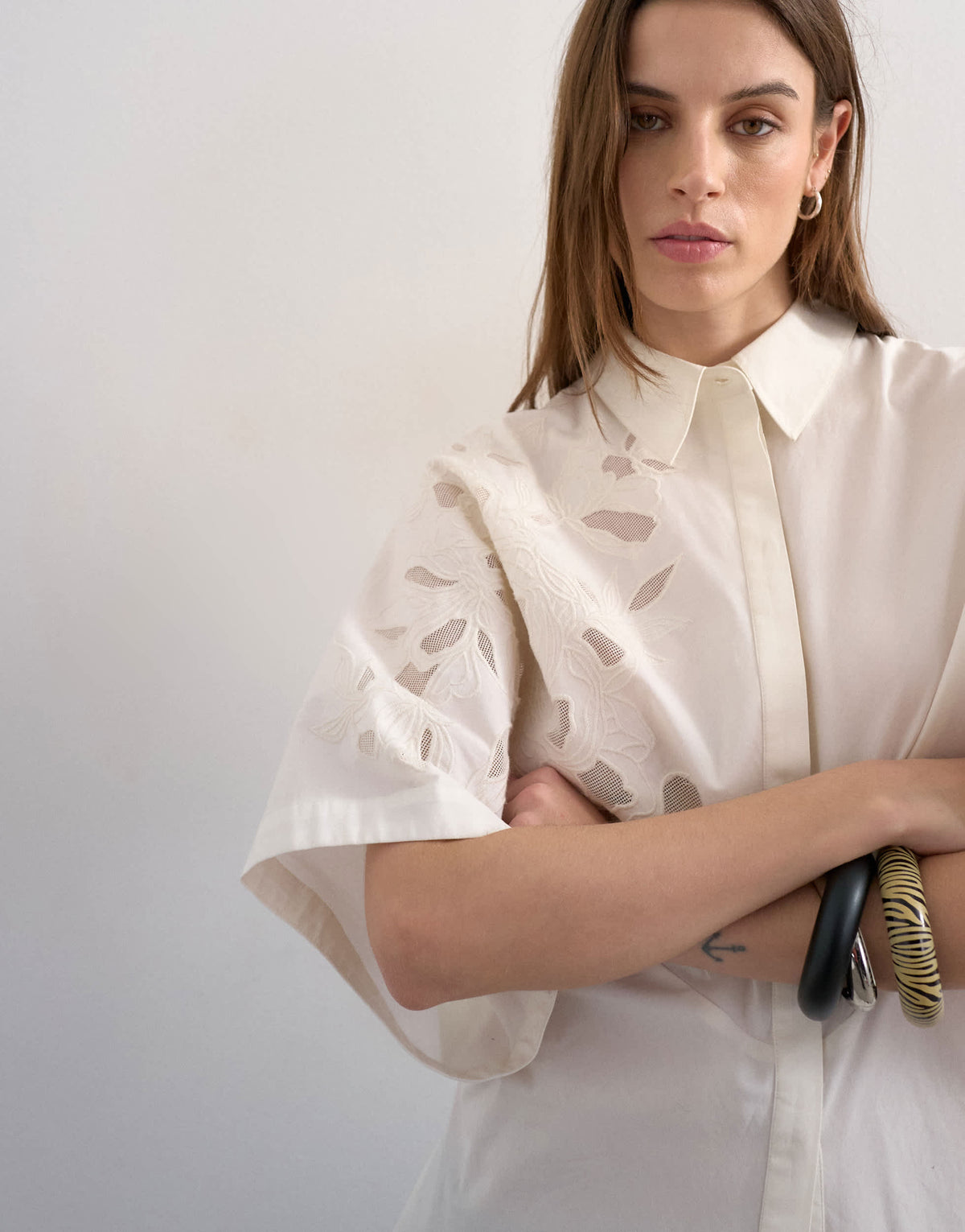 Topshop oversized cutwork short sleeve shirt in white