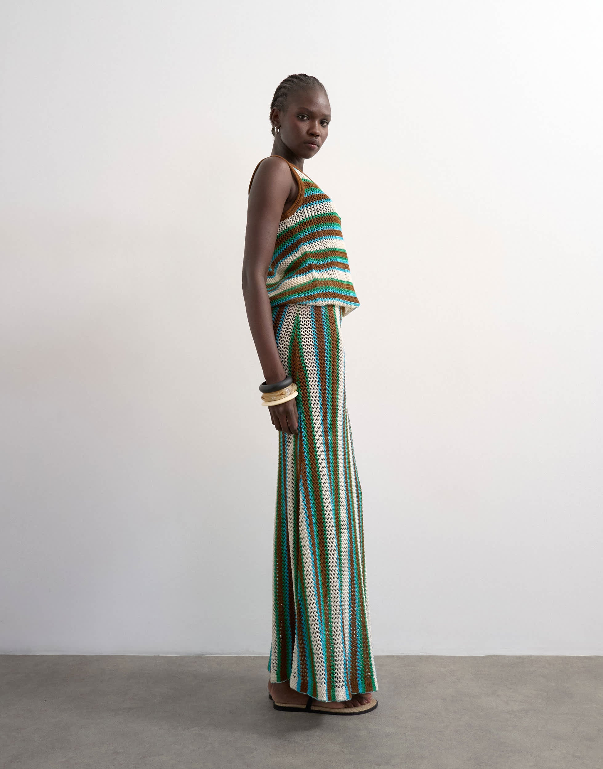 Topshop knitted multi stripe co-ord maxi skirt in blue and brown