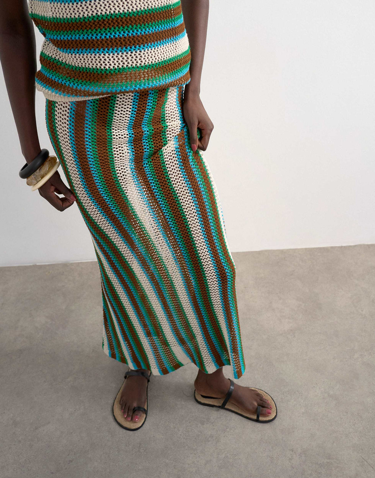 Topshop knitted multi stripe co-ord maxi skirt in blue and brown