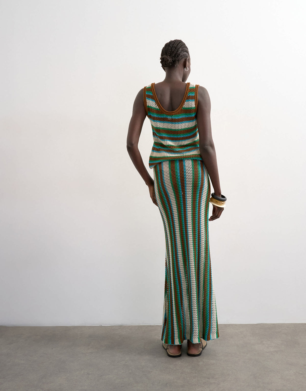 Topshop knitted multi stripe co-ord maxi skirt in blue and brown