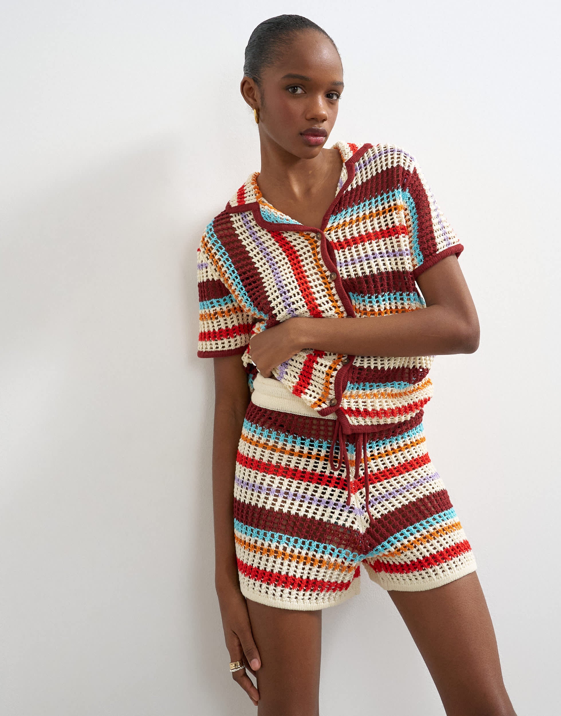Topshop knitted crochet stripe co-ord short in burgundy