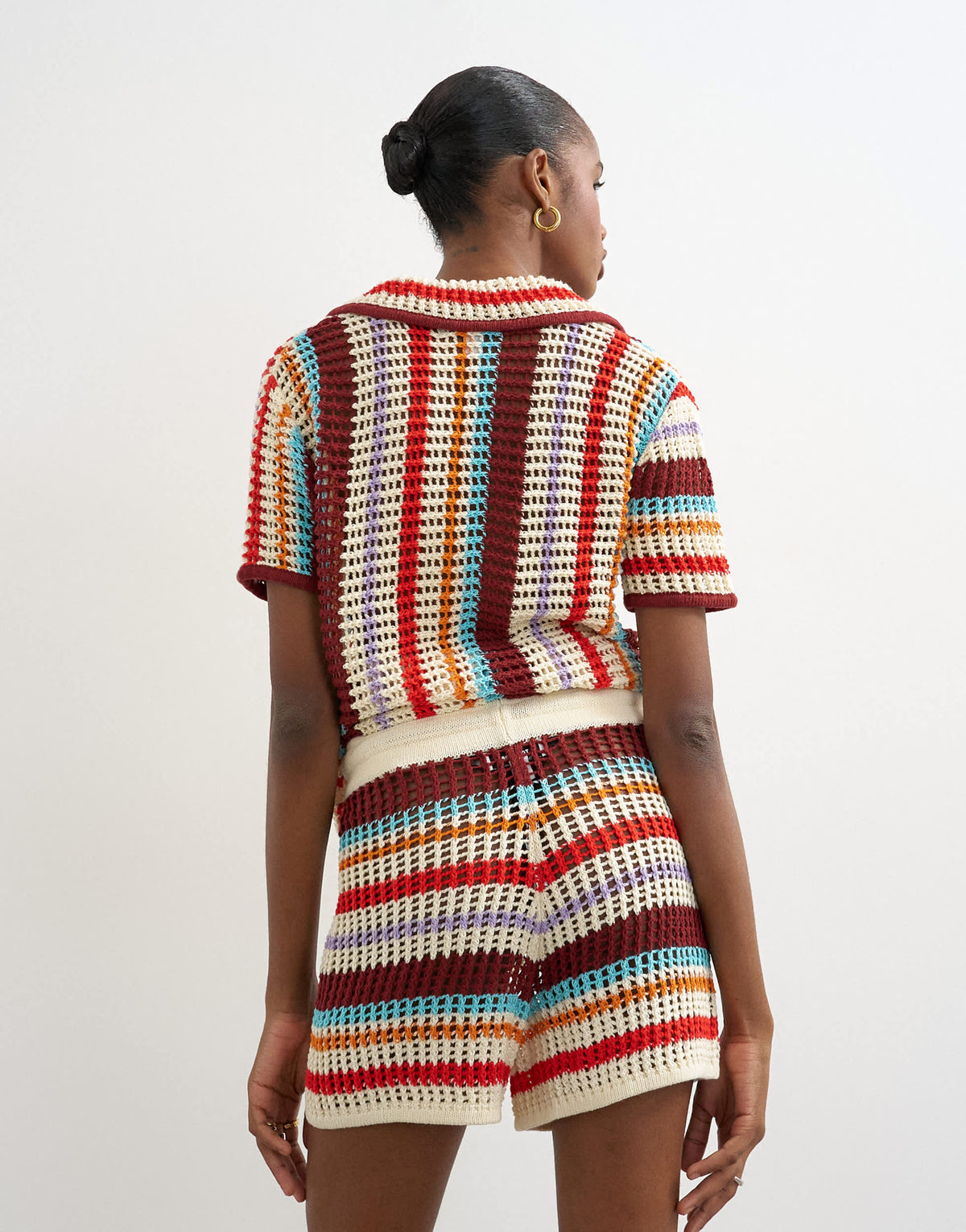 Topshop knitted crochet stripe co-ord short in burgundy