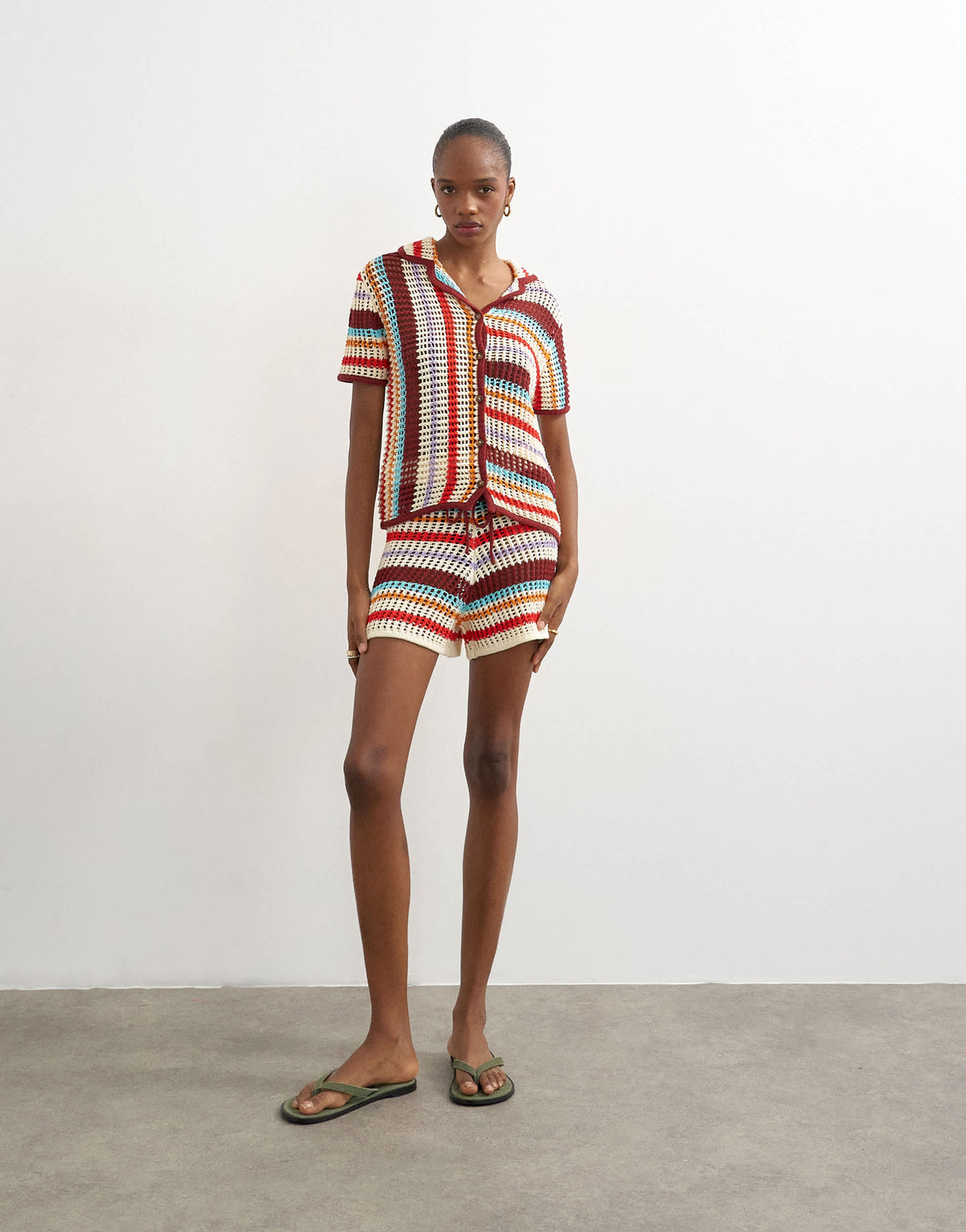 Topshop knitted crochet stripe co-ord short in burgundy