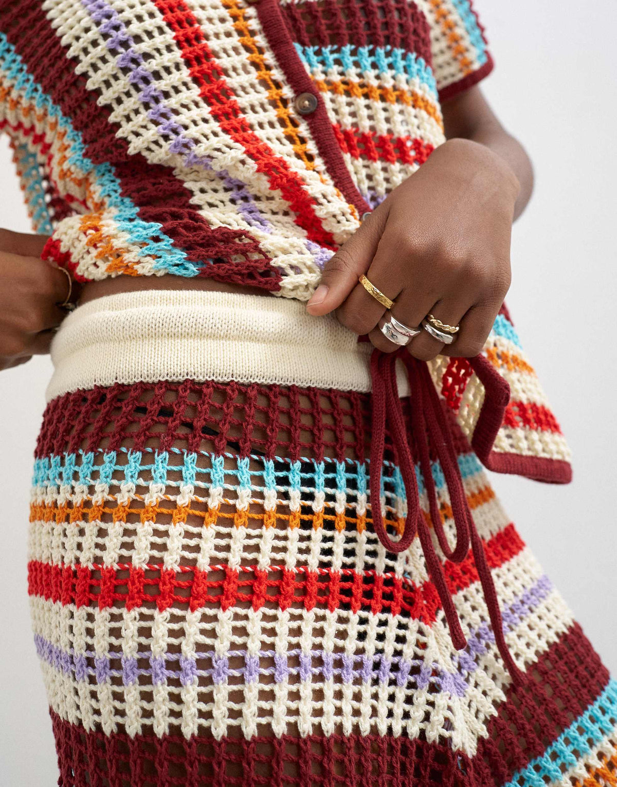 Topshop knitted crochet stripe co-ord short in burgundy