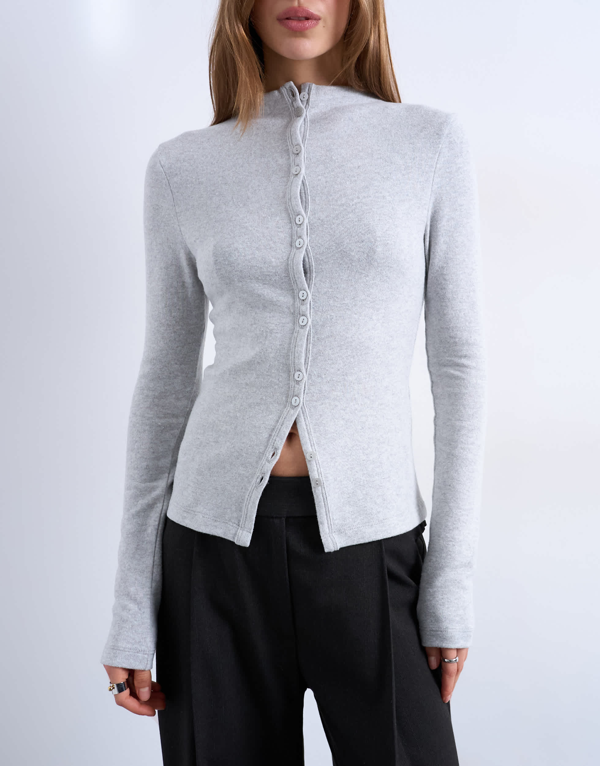 Topshop button down long sleeve cardigan top in grey