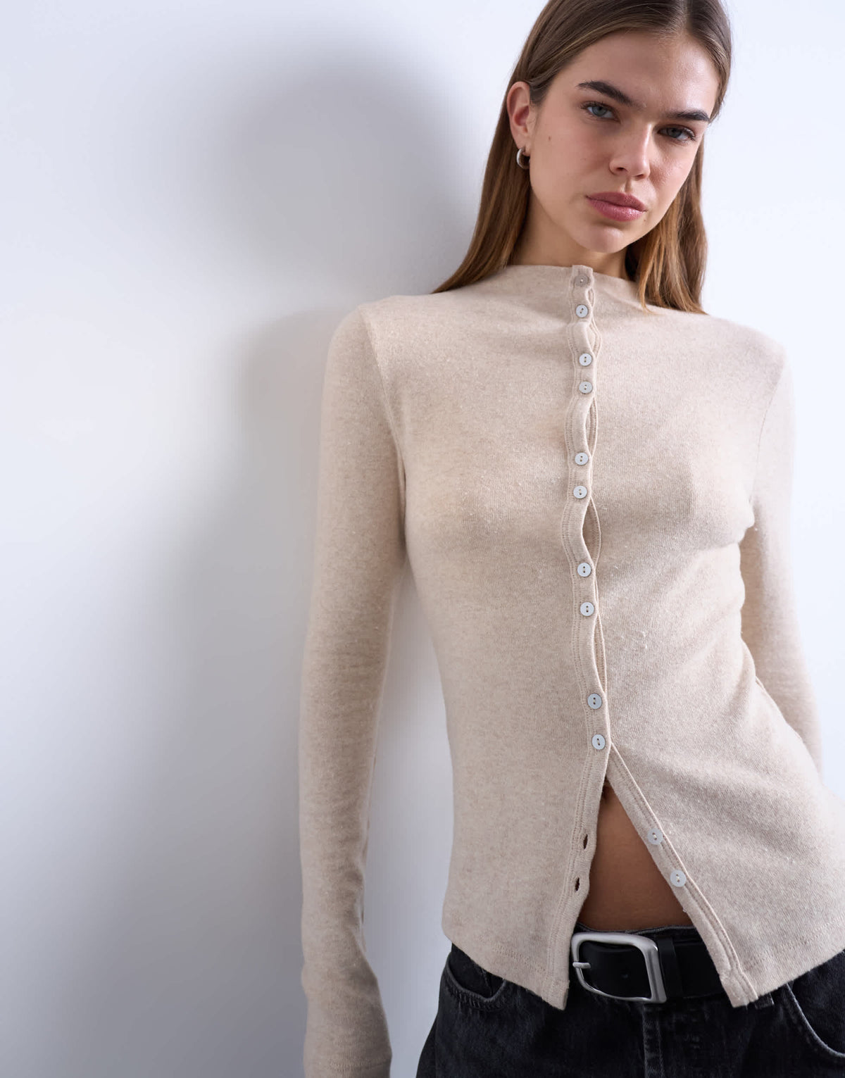 Topshop button down long sleeve cardigan top in beige