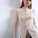 Topshop button down long sleeve cardigan top in beige
