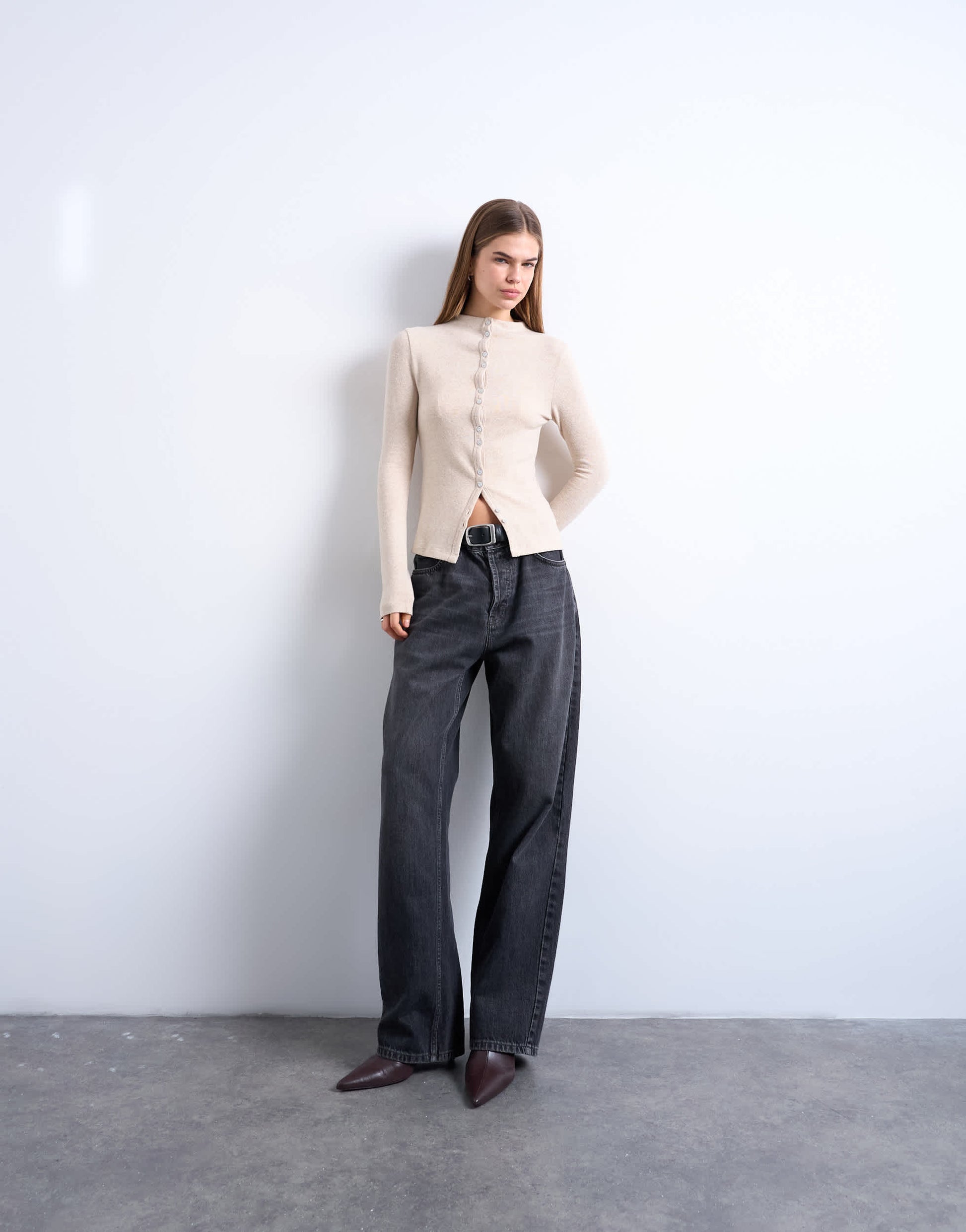 Topshop button down long sleeve cardigan top in beige