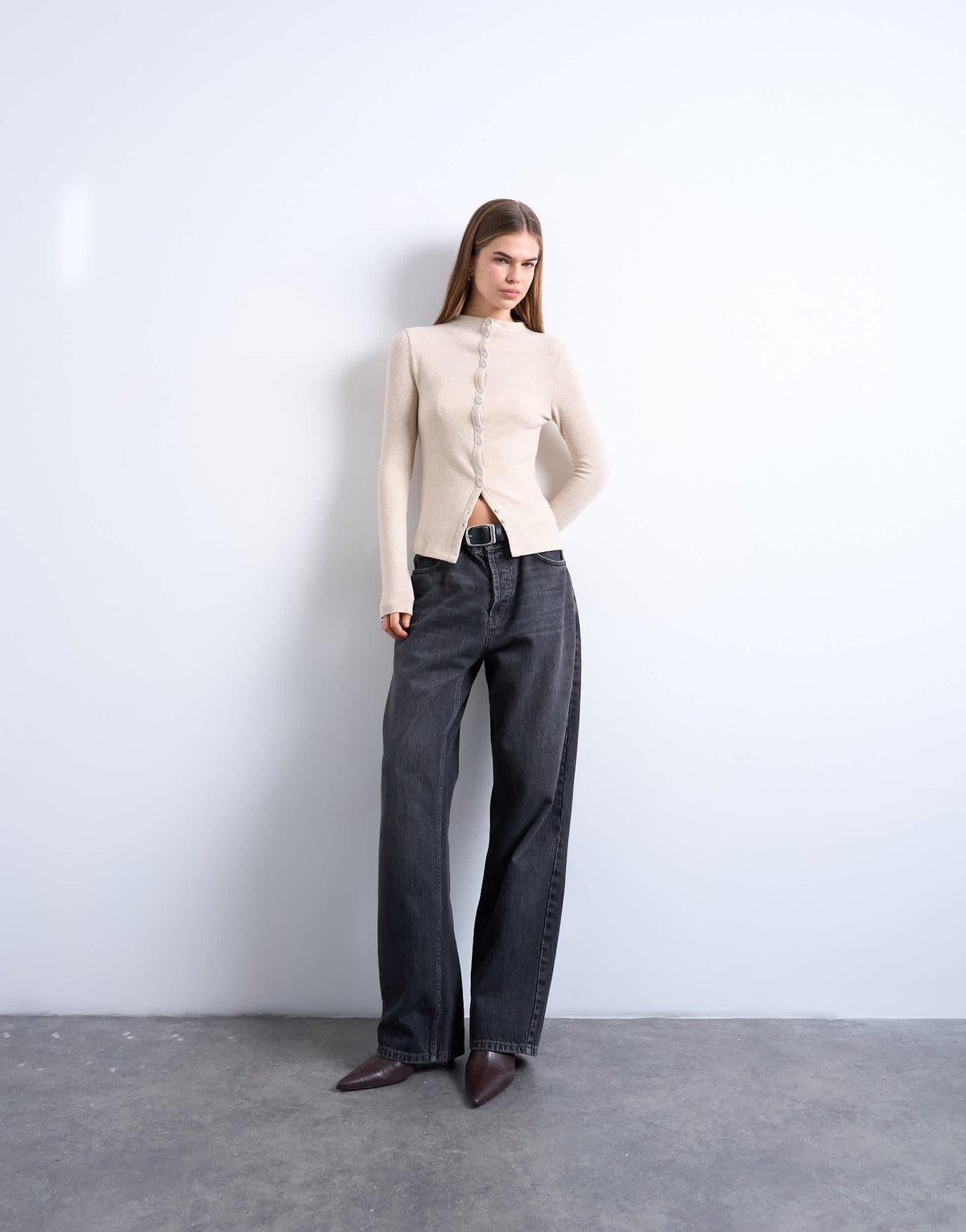 Topshop button down long sleeve cardigan top in beige