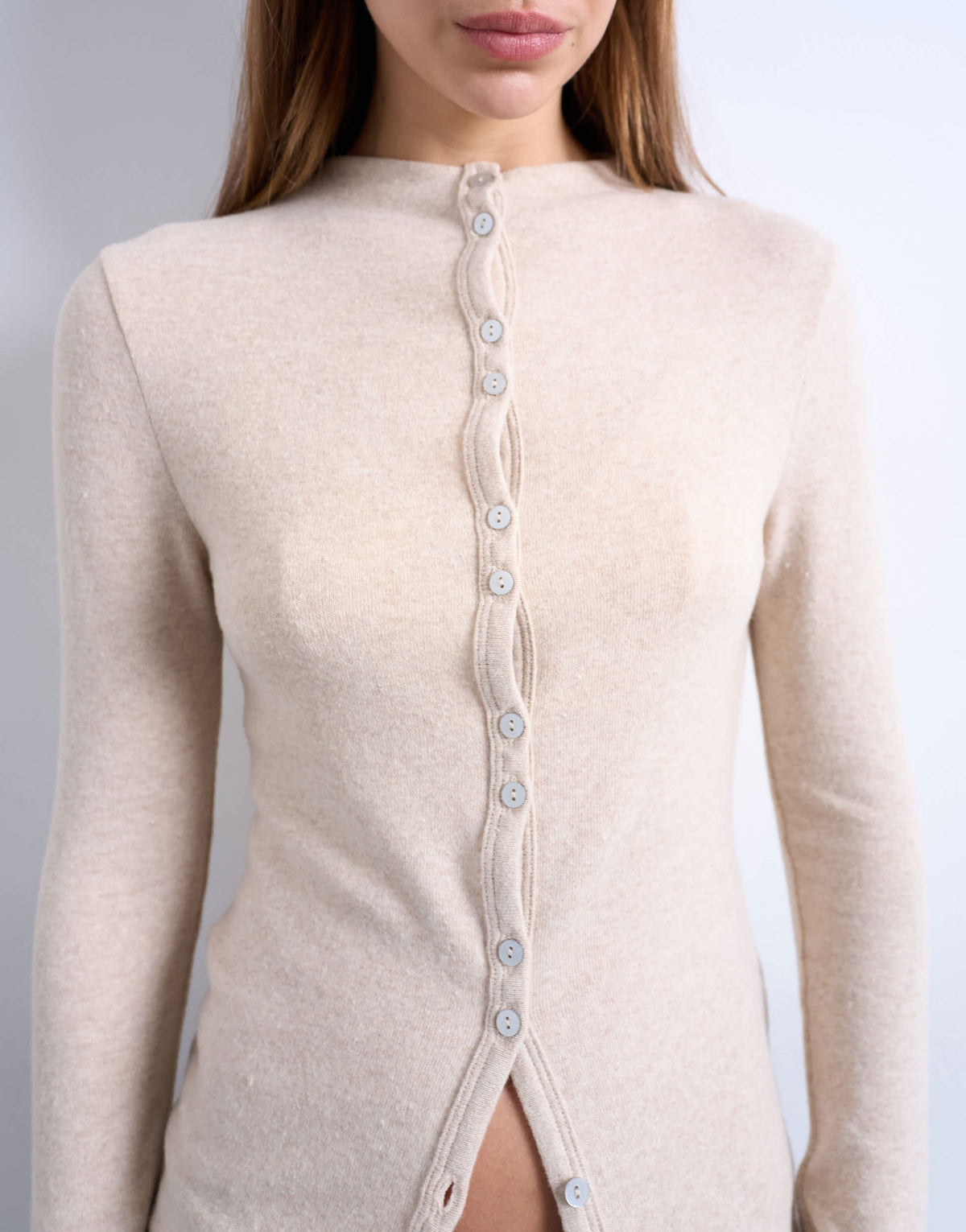 Topshop button down long sleeve cardigan top in beige