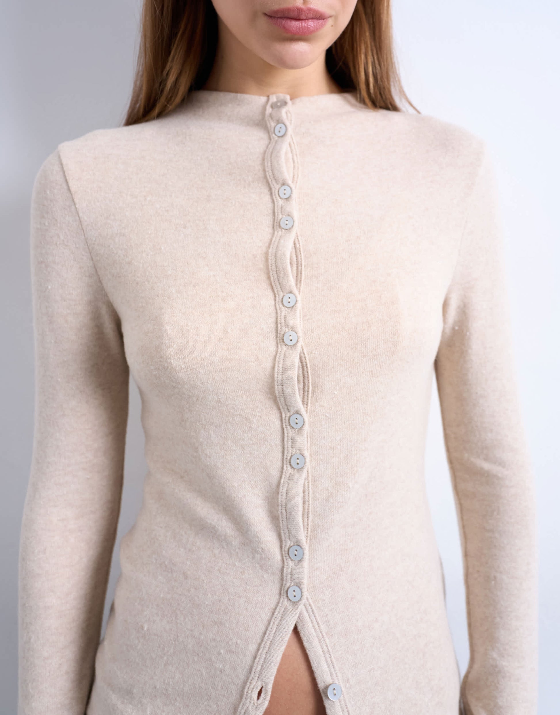 Topshop button down long sleeve cardigan top in beige