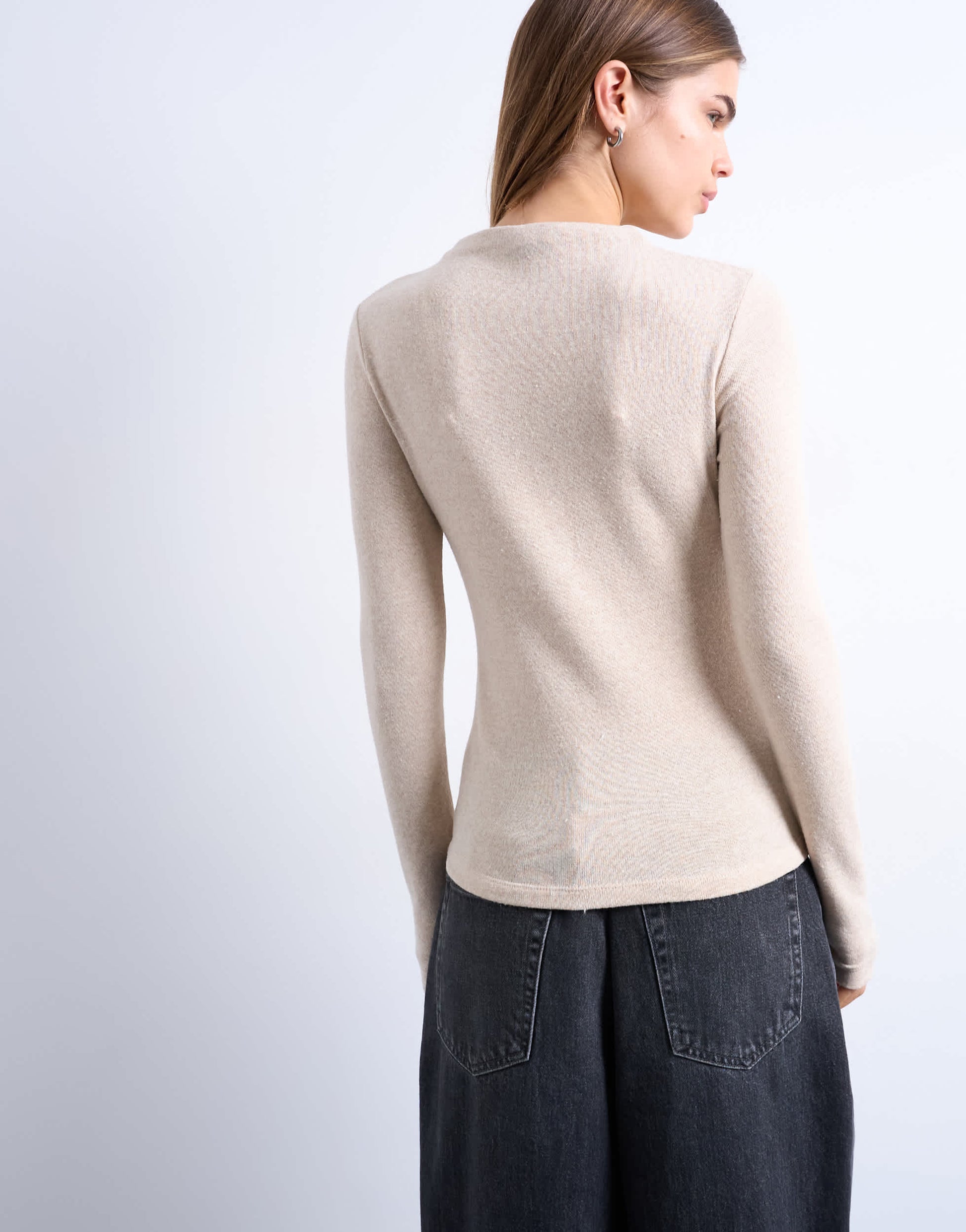 Topshop button down long sleeve cardigan top in beige