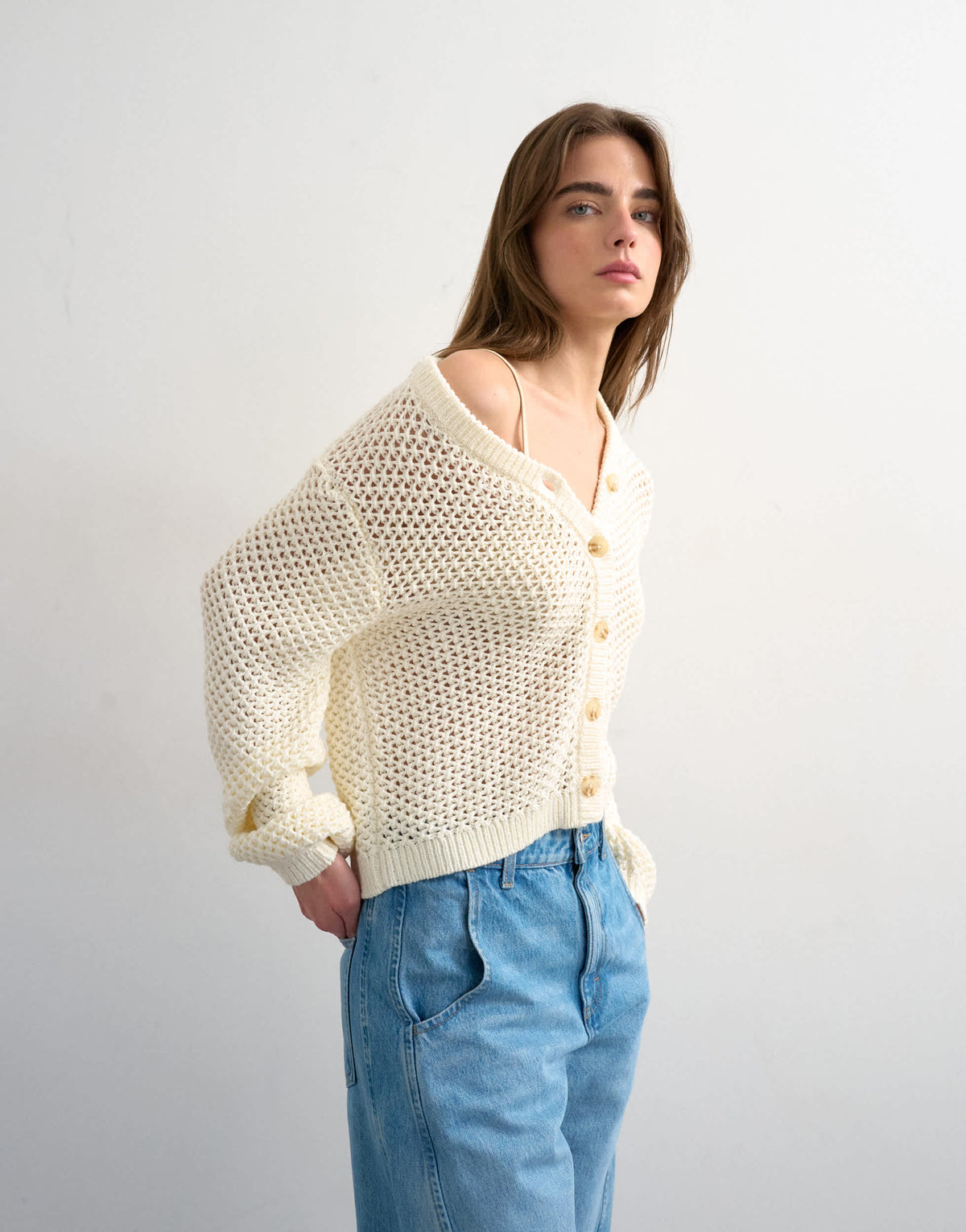 Topshop knitted open stitch cardigan in ivory