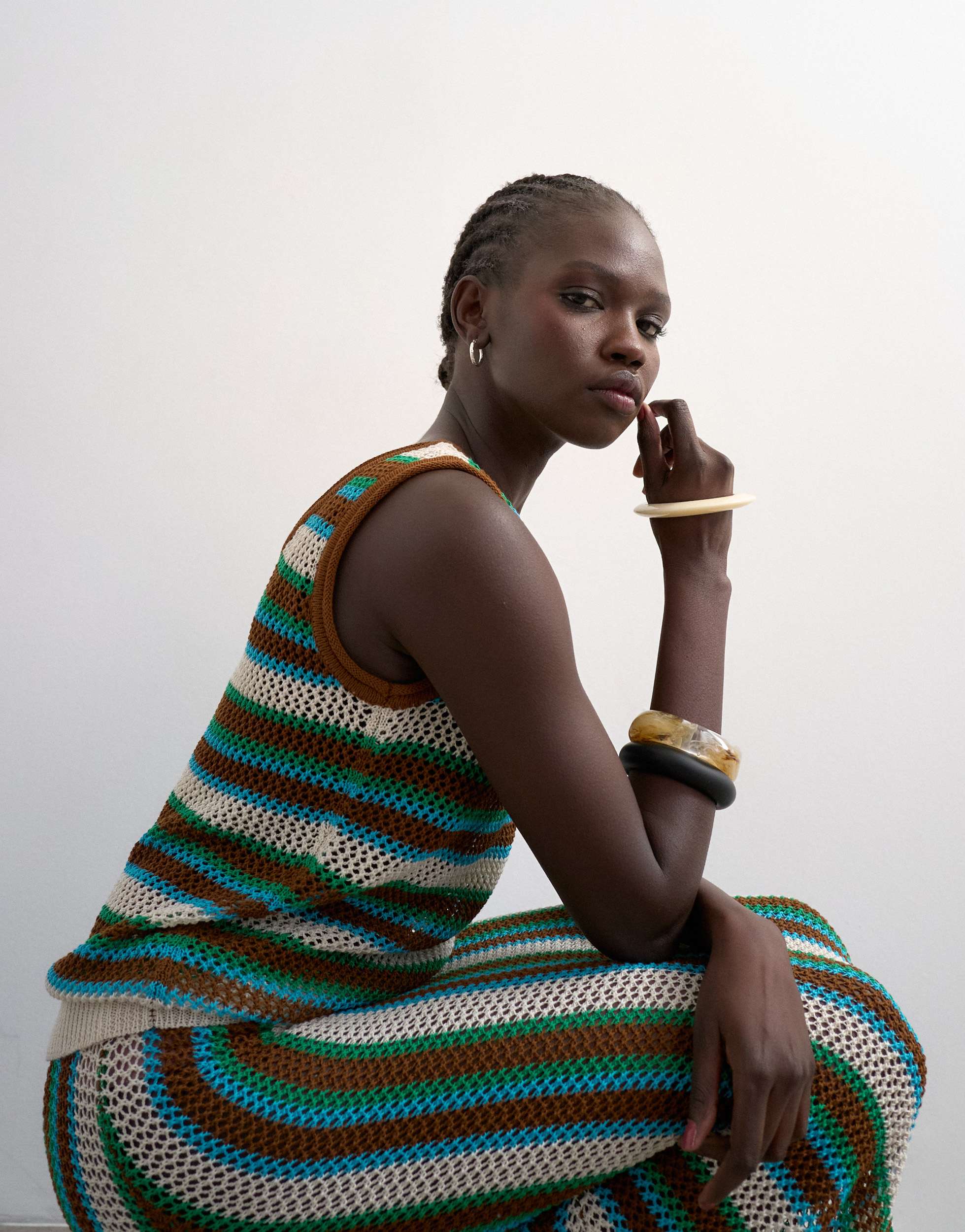 Topshop knitted multi stripe co-ord vest in blue and brown