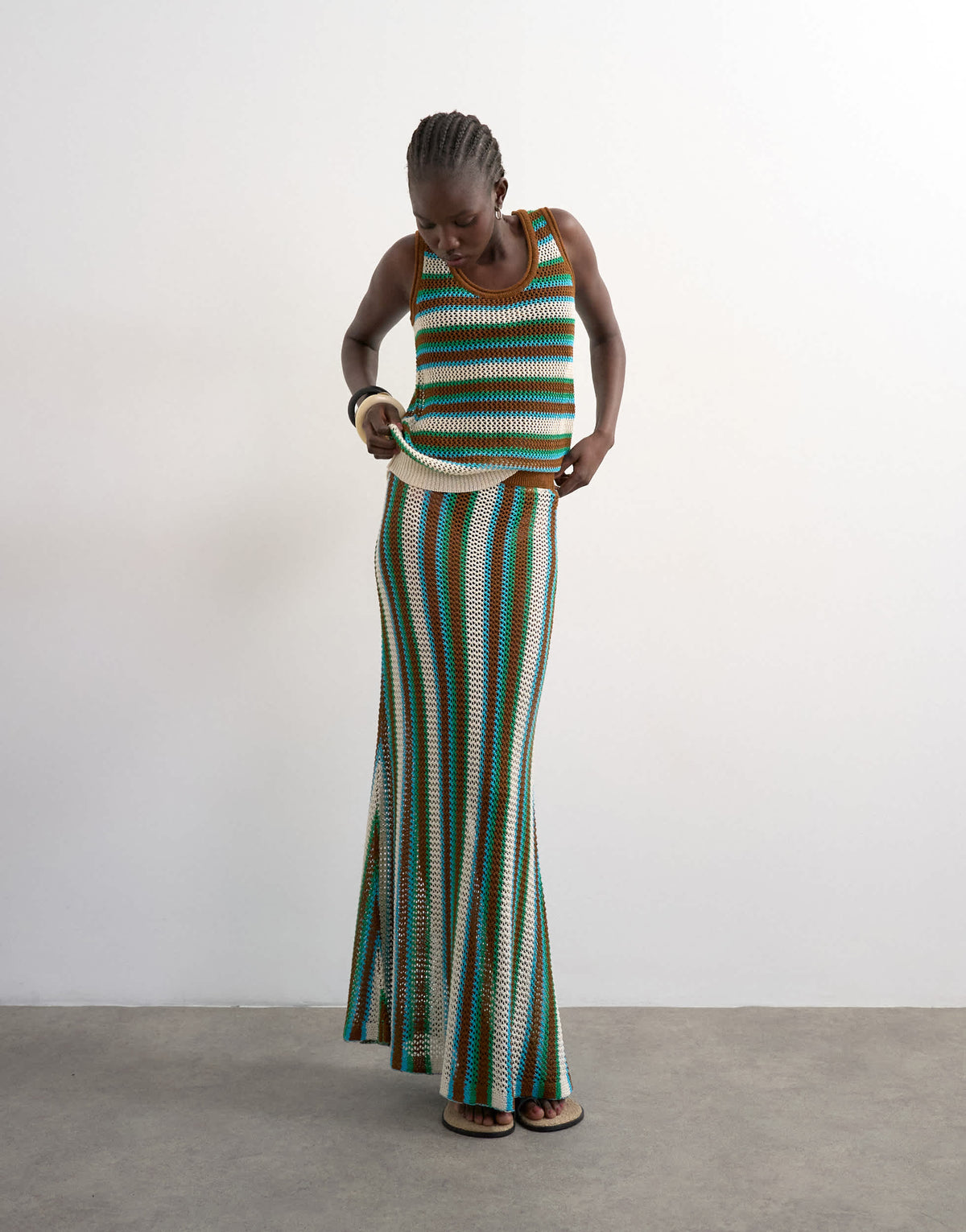Topshop knitted multi stripe co-ord vest in blue and brown