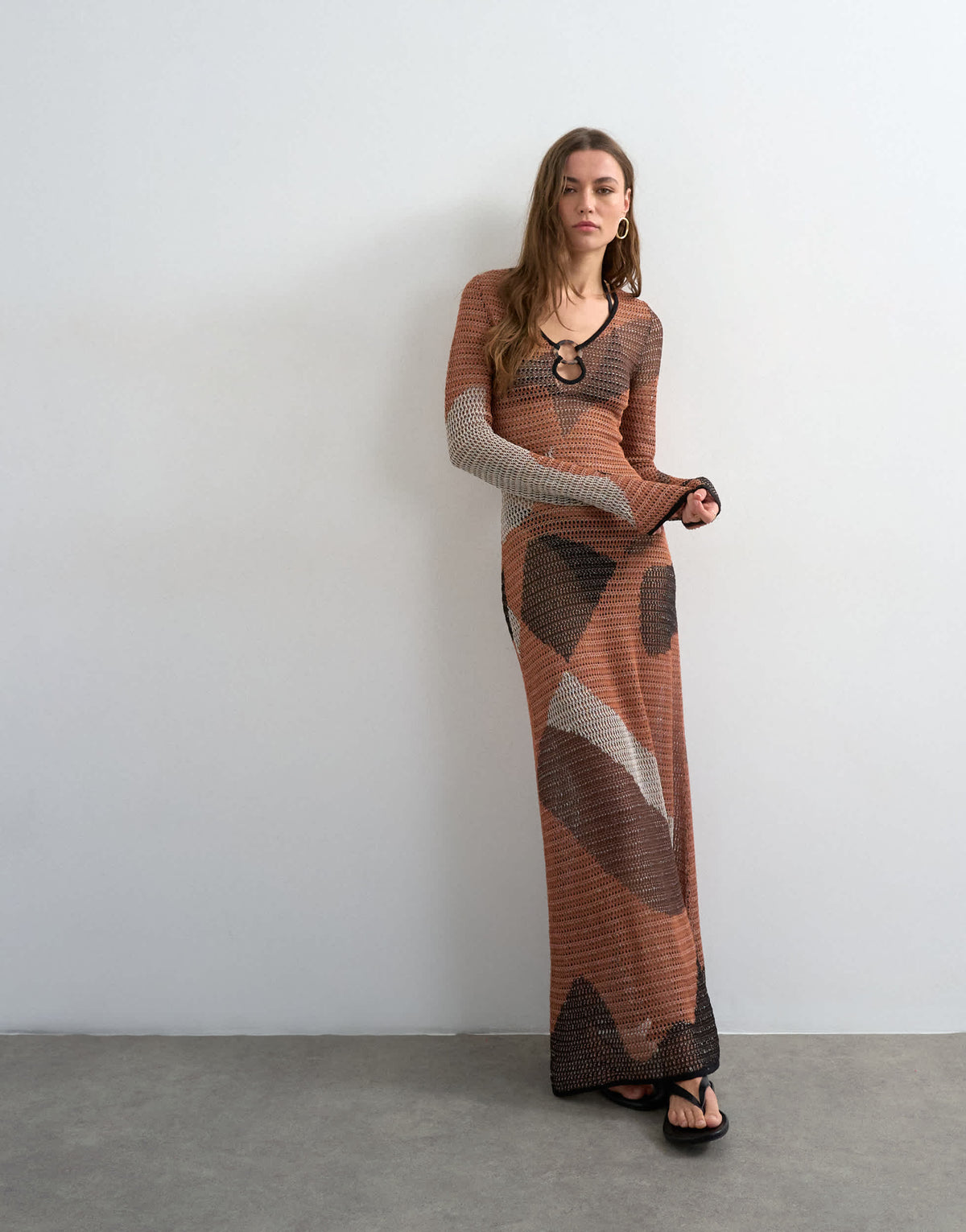 Topshop knitted abstract mesh long sleeve maxi dress in burnt orange