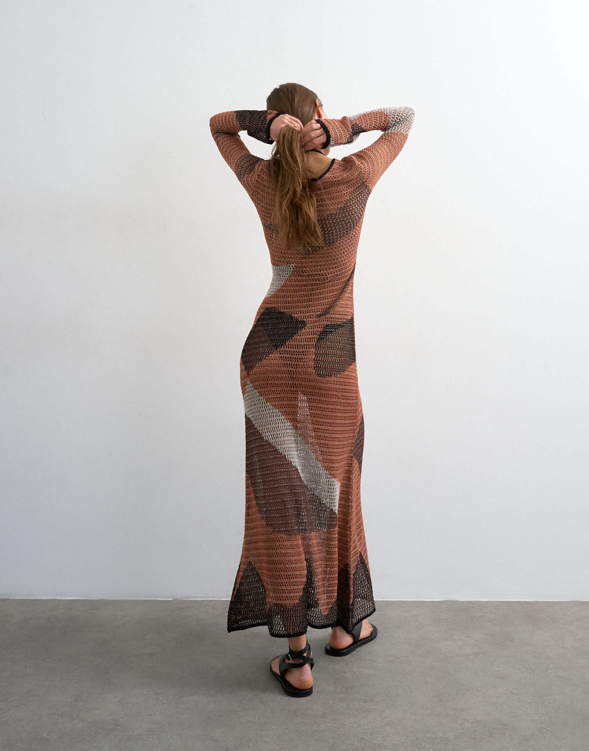 Topshop knitted abstract mesh long sleeve maxi dress in burnt orange