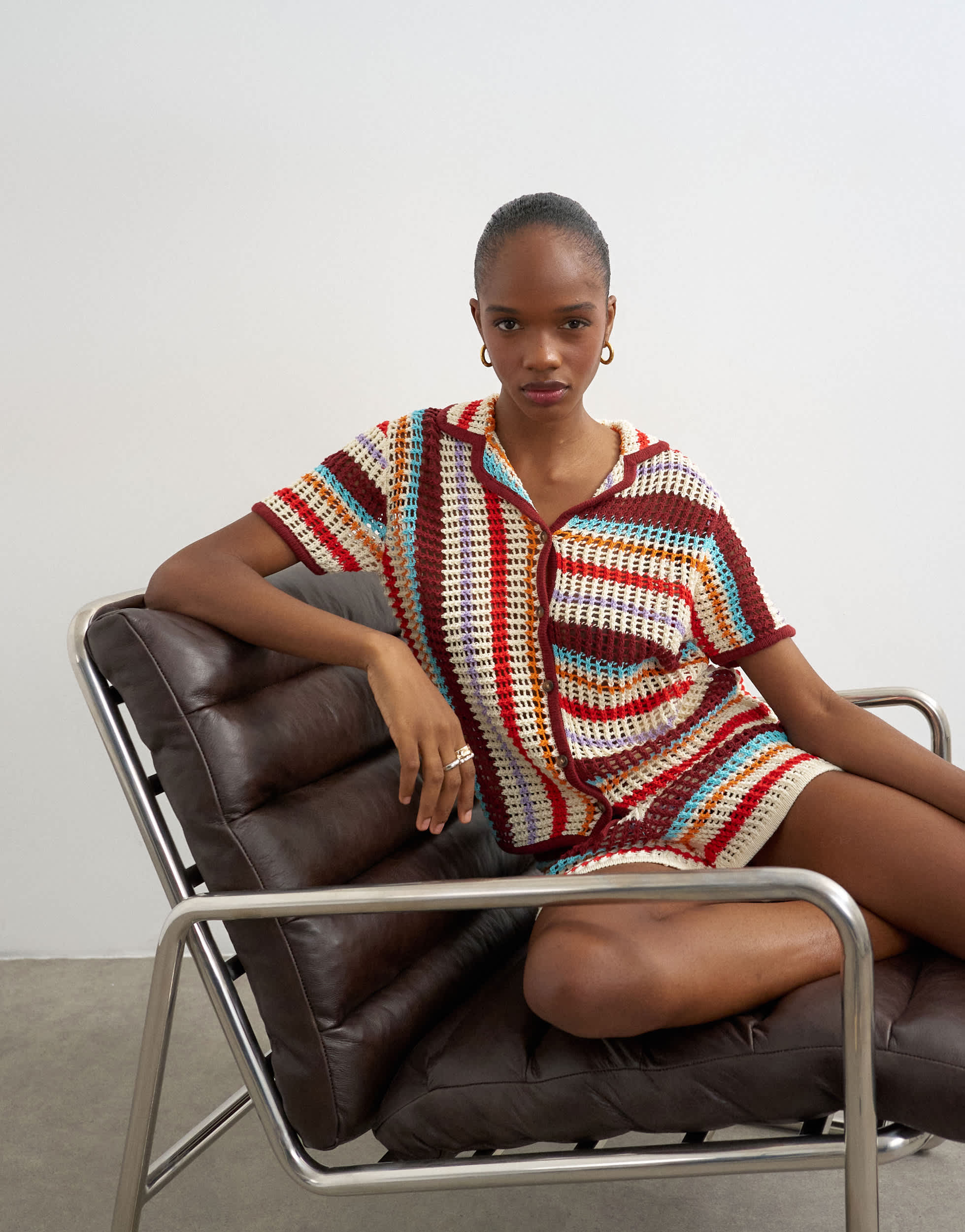 Topshop knitted crochet stripe co-ord shirt in burgundy