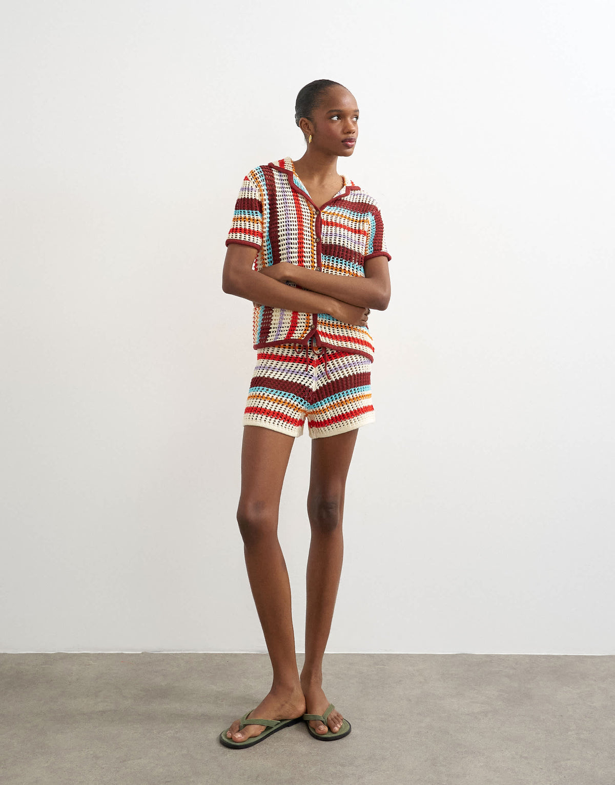 Topshop knitted crochet stripe co-ord shirt in burgundy