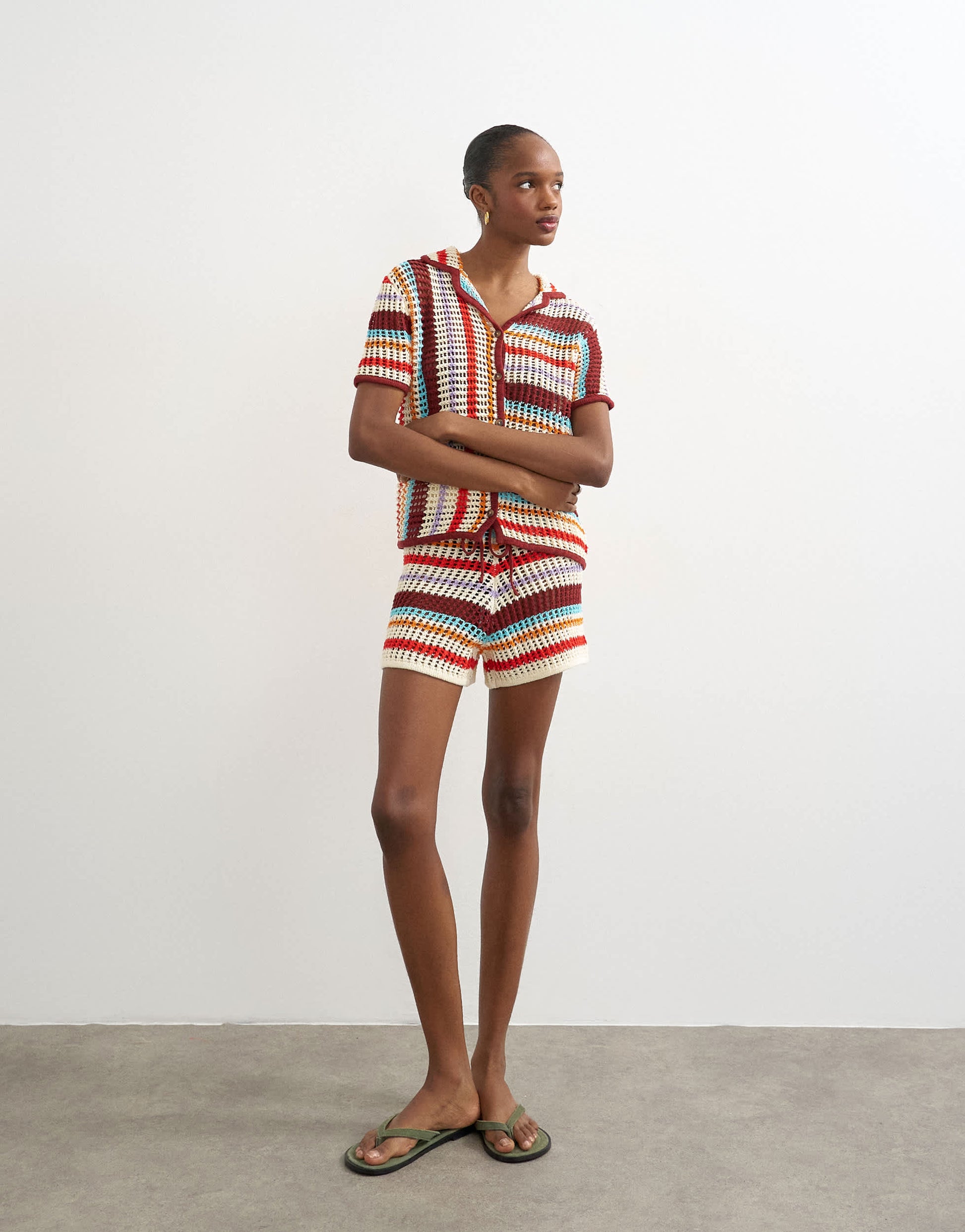 Topshop knitted crochet stripe co-ord shirt in burgundy