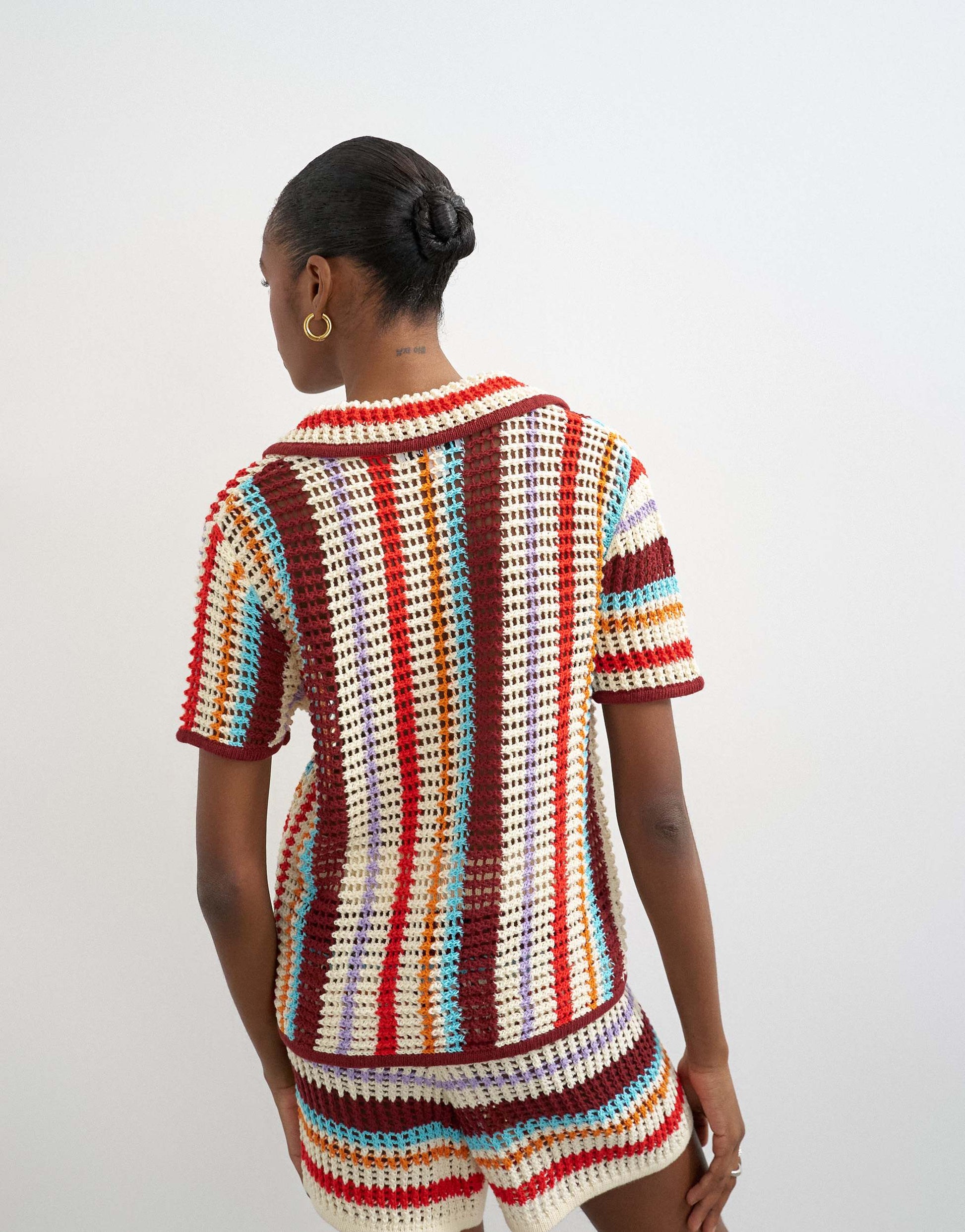 Topshop knitted crochet stripe co-ord shirt in burgundy