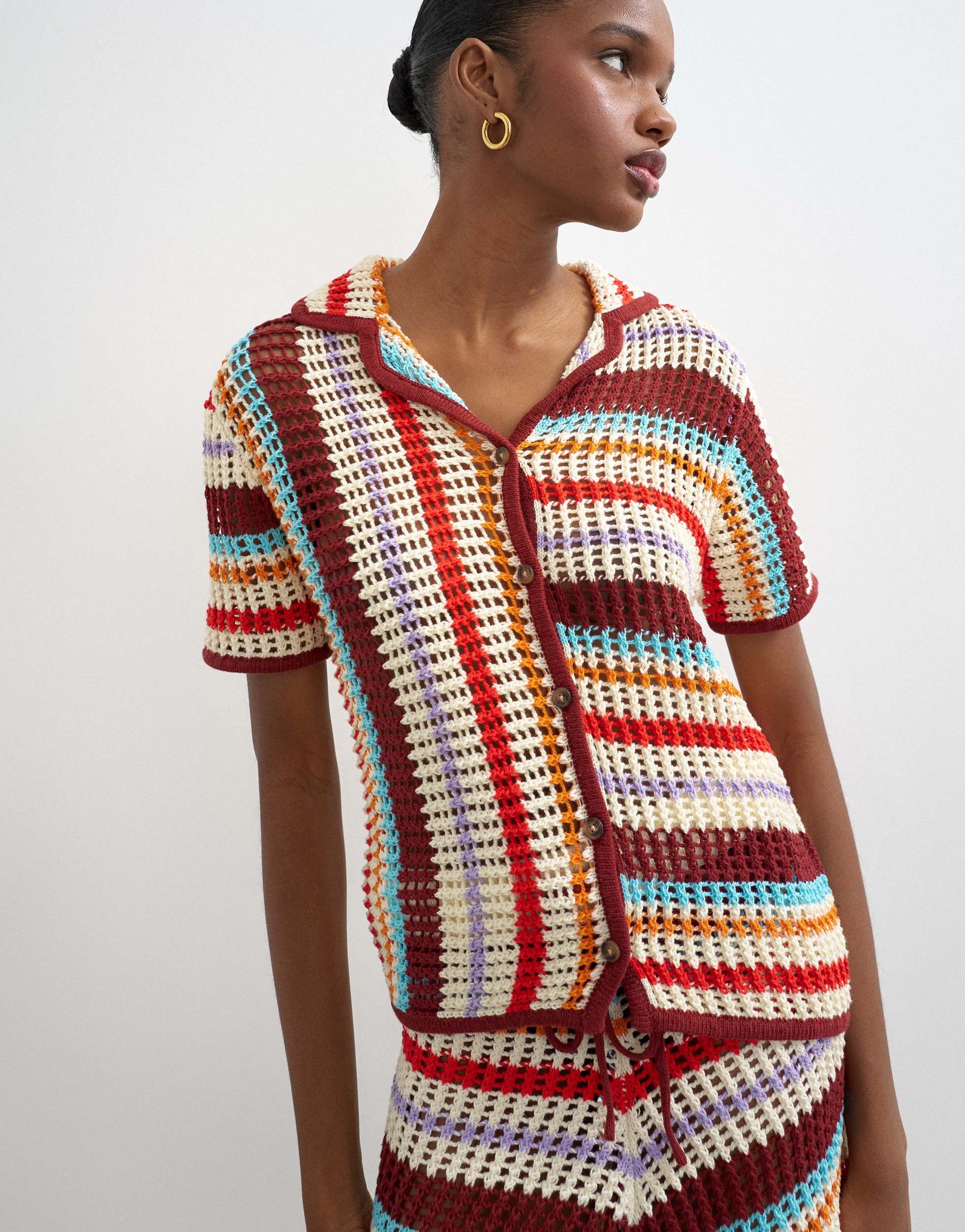 Topshop knitted crochet stripe co-ord shirt in burgundy