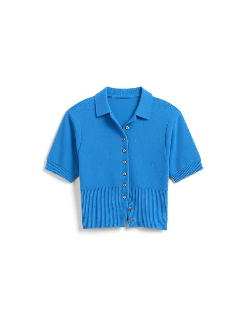 Topshop fine knitted towelling cinch waist polo in blue