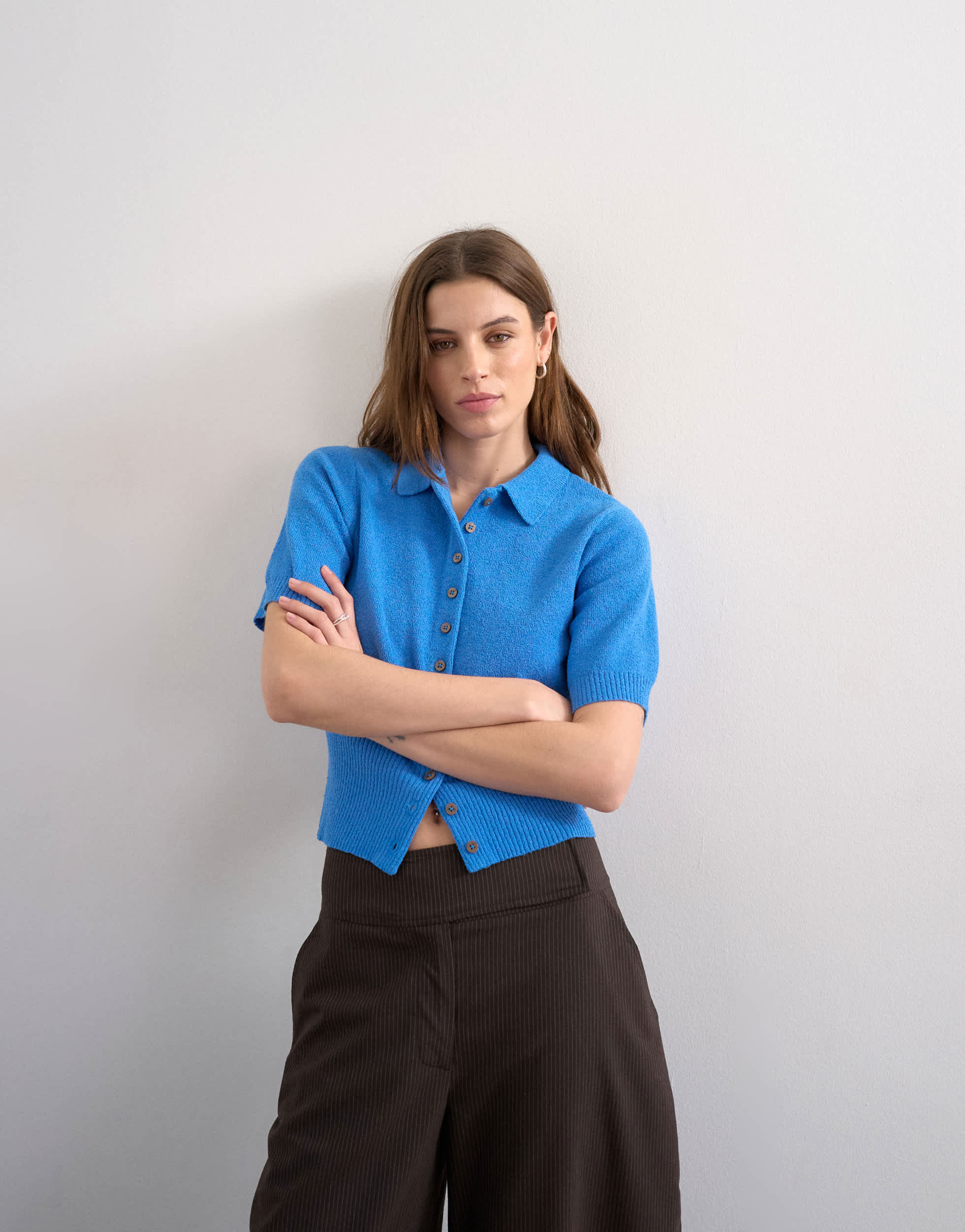 Topshop fine knitted towelling cinch waist polo in blue